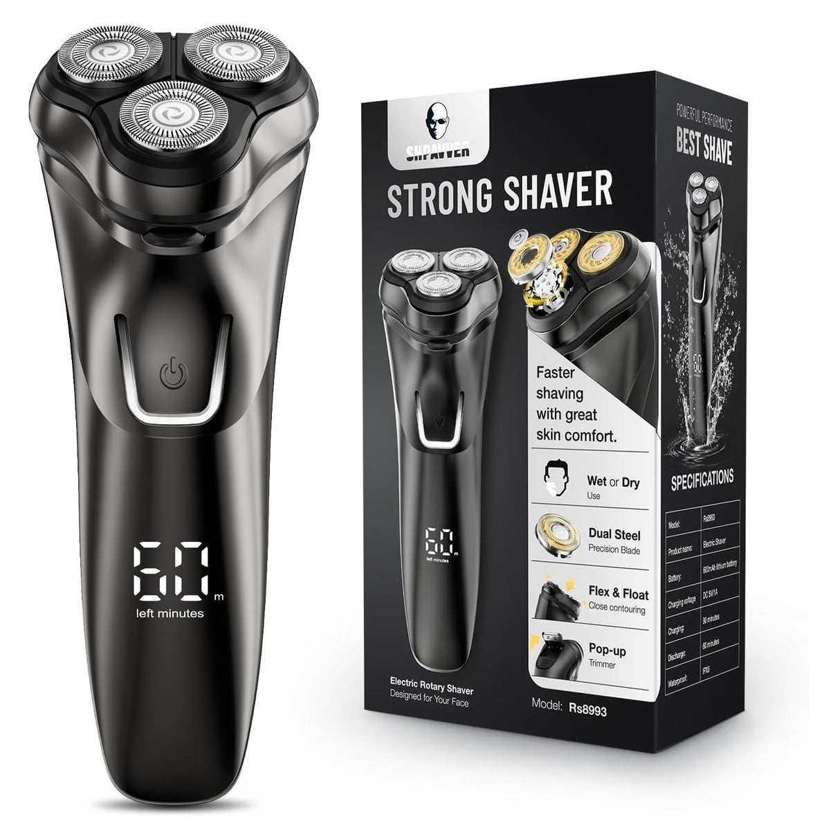 Electric Razor for Men Cordless: Wet/Dry Rotary Shaver Waterproof - USB Fast Charging & Sensitive Skin Care - Pop up Trimmer & Precision Blades