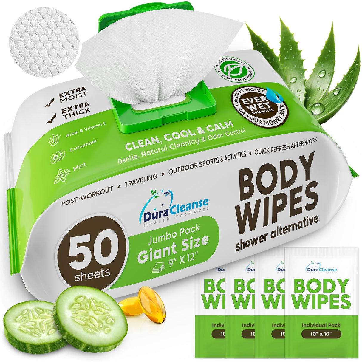 Body Wipes for Women, Extra Moist No Rinse Bathing Wipes - 50 XL Shower Cloths + 4 Travel Size Bath Sheets - 9"x12" After Gym & Post Workout Deodorant, Disposable Washcloths, Womens Hygiene Essentials