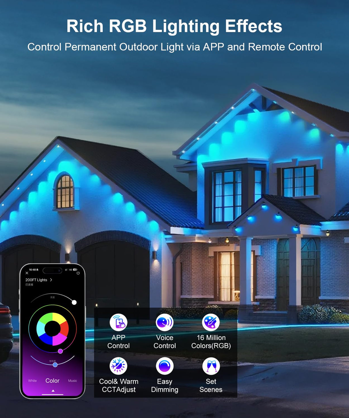 Fussion Permanent Outdoor Lights for House, 150ft RGB Halloween House Lights Outdoor with APP Remote Control, IP67 Waterproof Smart Eternity Eaves Lighting for Christmas, Holiday, Party, Daily