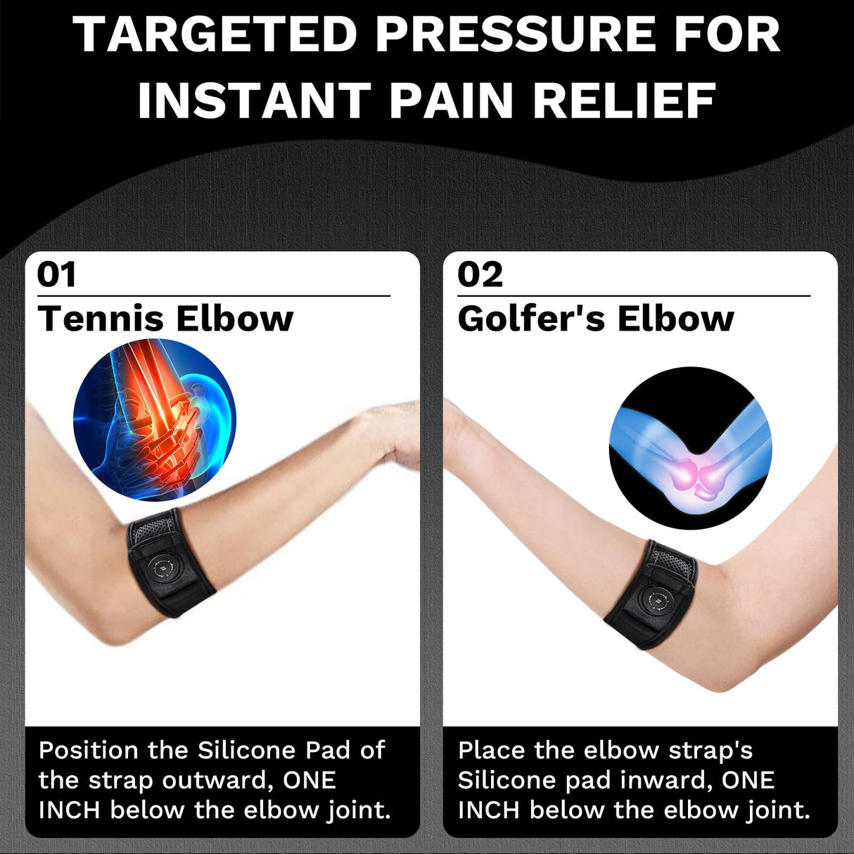 Tennis Elbow Brace for Men & Women, Elbow Brace for Tendonitis and Tennis Elbow and Golfer's Elbow, Adjustable Elbow Strap (Black, One Size Regular)