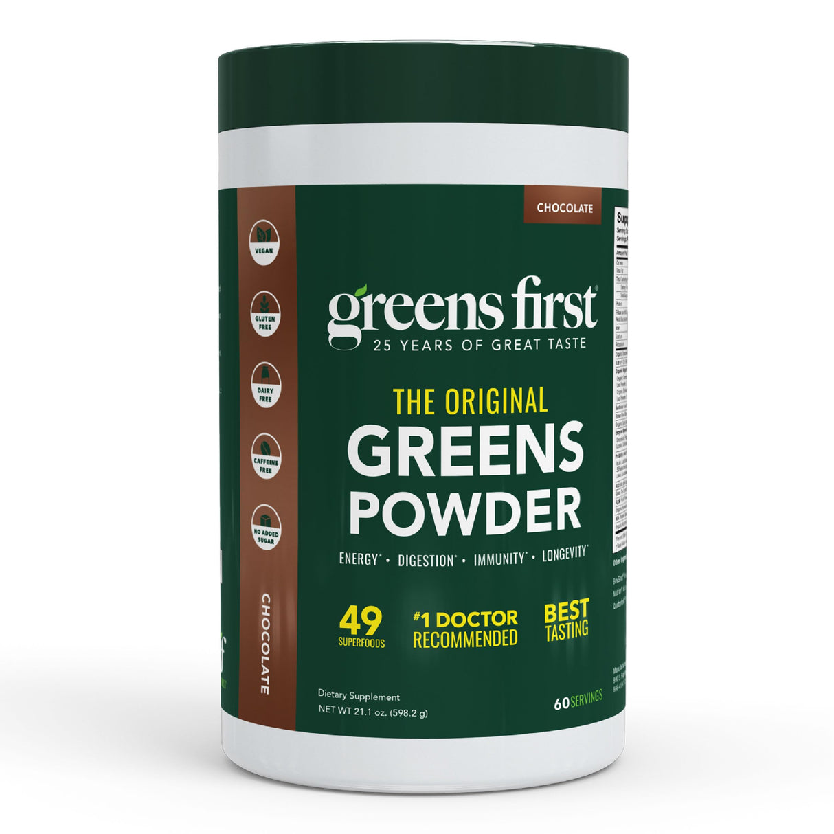Greens First Original Greens Powder - 49 Superfoods - Organic Fruits & Veggies - Prebiotics, Probiotics, Digestive Enzymes - Antioxidant Smoothie - Dairy Free, Vegan, Non-GMO (Chocolate, 60 Servings)