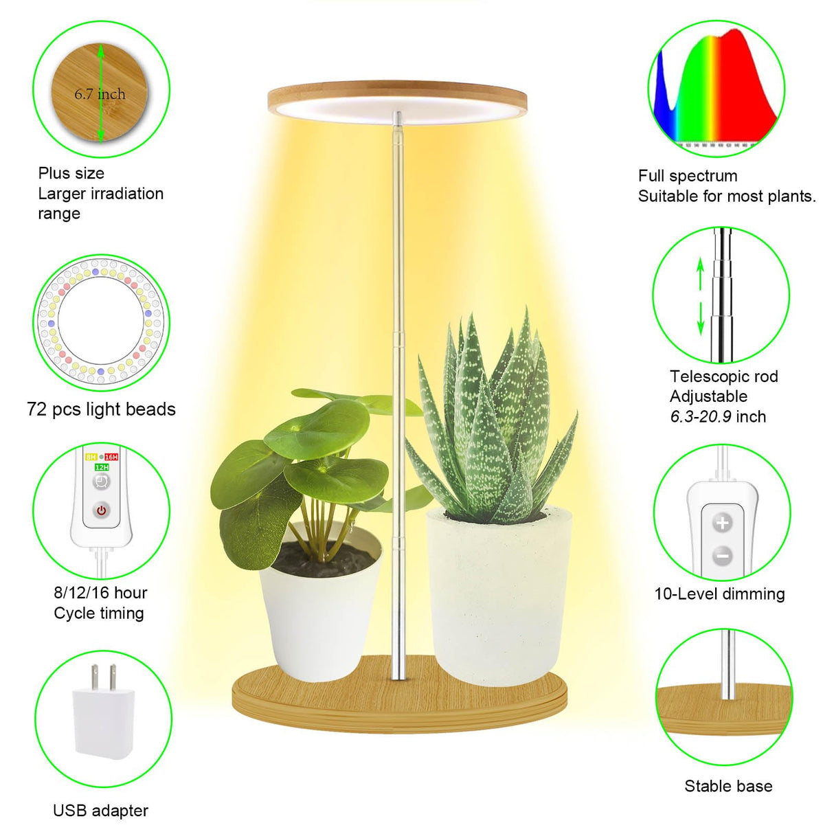 Plant Grow Light for Indoor Plant,Bamboo Mini LED Grow Light Garden,Height Adjustable,Automatic Timer with 8/12/16 Hours,1 Pack