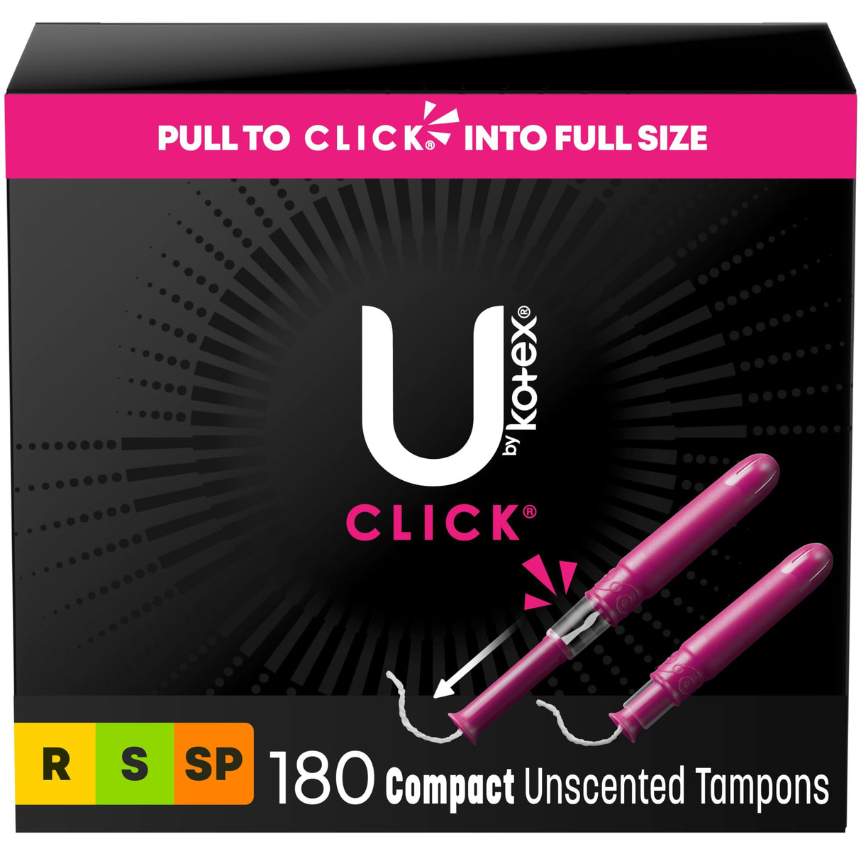 U by Kotex Click Multipack Tampons, Compact, Regular/Super/Super Plus Absorbency, Unscented, 180 Count (6 Packs of 30) (Packaging May Vary)