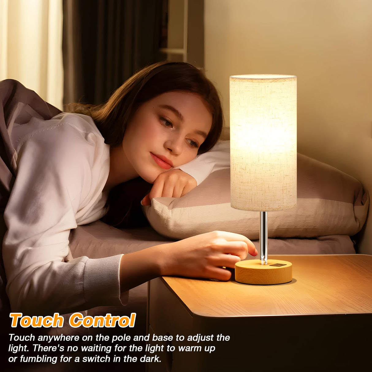 Dicoool Touch Bedside Table Lamp with USB - 3 Way Dimmable Wood Lamp for Bedroom Nightstand, Desk Lamp with Charging Station for Dorm, Living Room, Office, Kids Room, Small, 14in