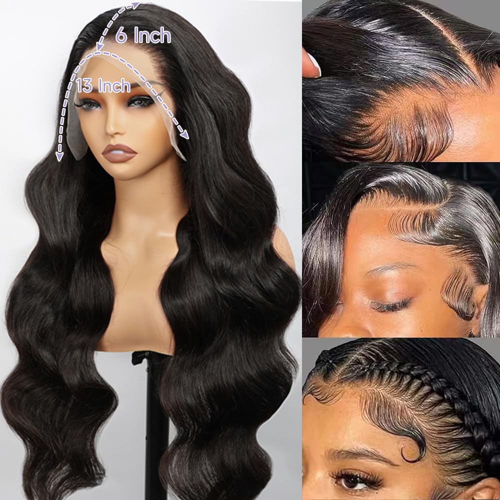 32 Inch Body Wave Lace Front Wigs Human Hair Pre Plucked With Bleached Knots 13x6 HD Lace Frontal Human Hair Wigs 200 Density Natural Color Human Hair Wig