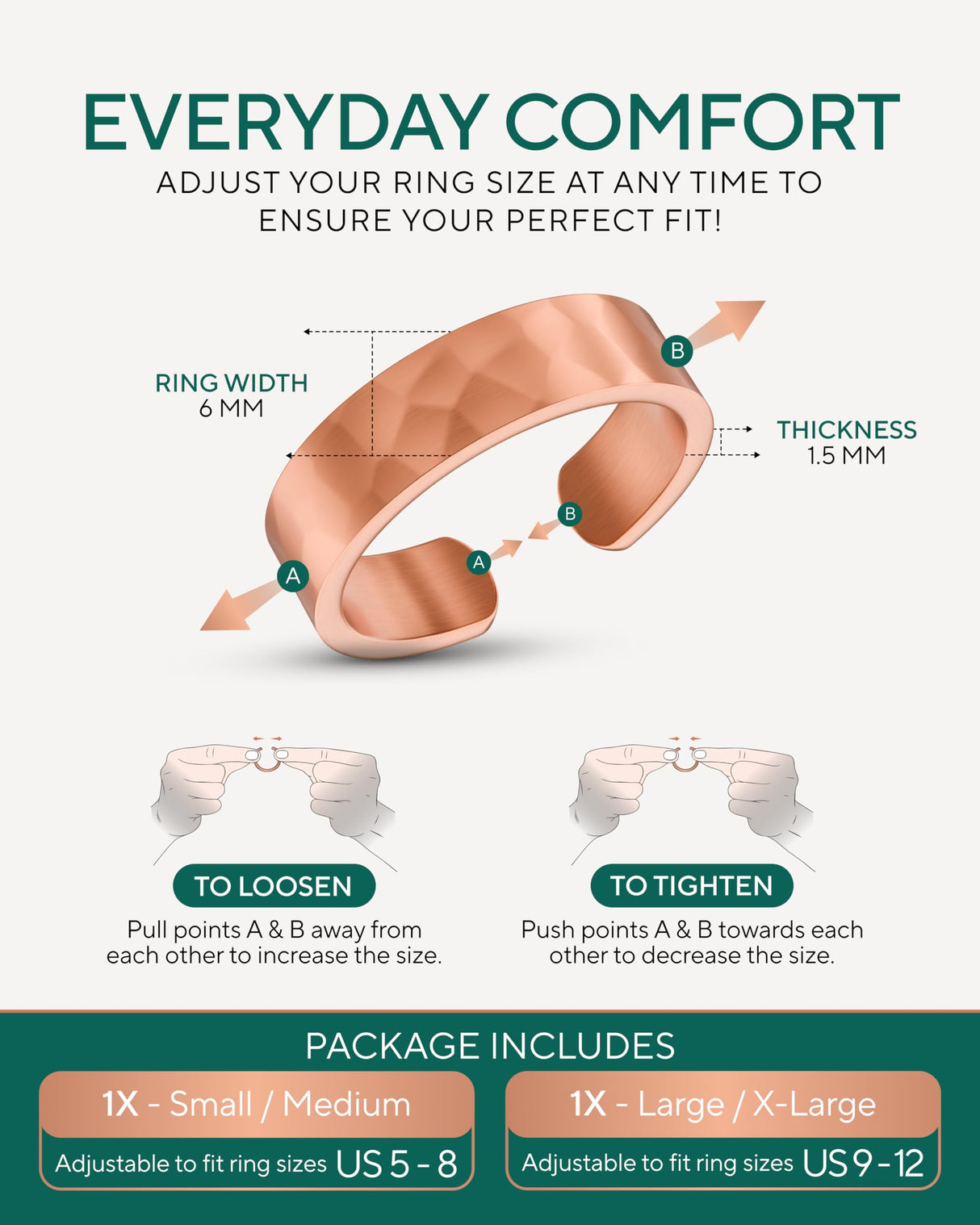 TheraCopper Pure Copper Rings for Women & Men, 2-Pack (6mm Hammered)
