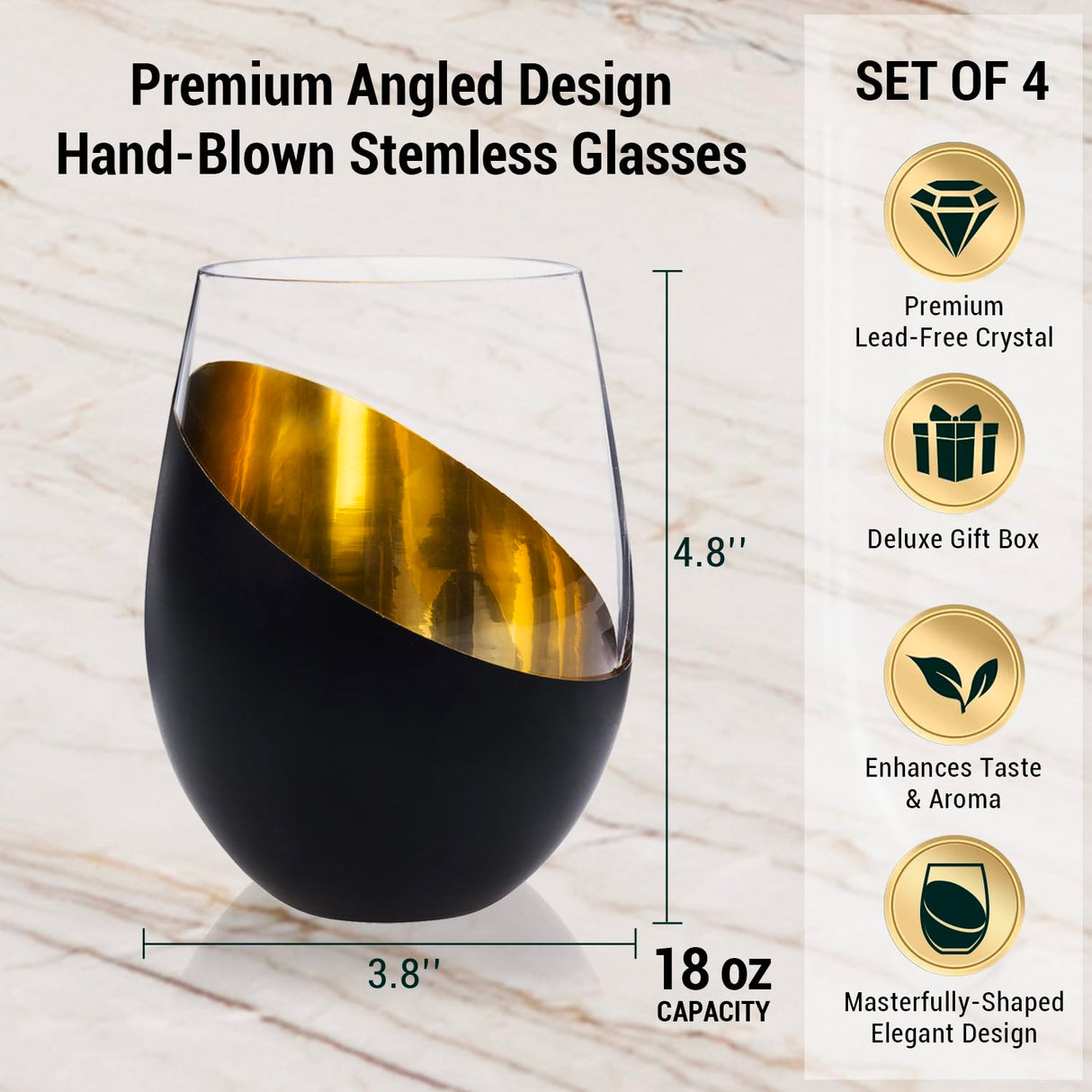 MyGift Black and Gold Stemless Wine Glasses Set of 4 - Elegant Christmas Gift Set with Luxe Metallic Finish, 18oz Modern Barware