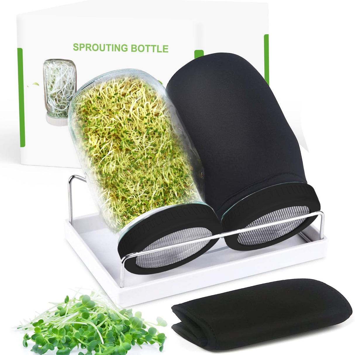 Kitmiido Organic Seed Sprouting Jar Kit – 2 × 32 oz Wide-Mouth Mason Jars with Stainless-Steel Sprouter Lids & Stand, Blackout Sleeves, Drain Tray – Grow Broccoli, Alfalfa & Bean Microgreens