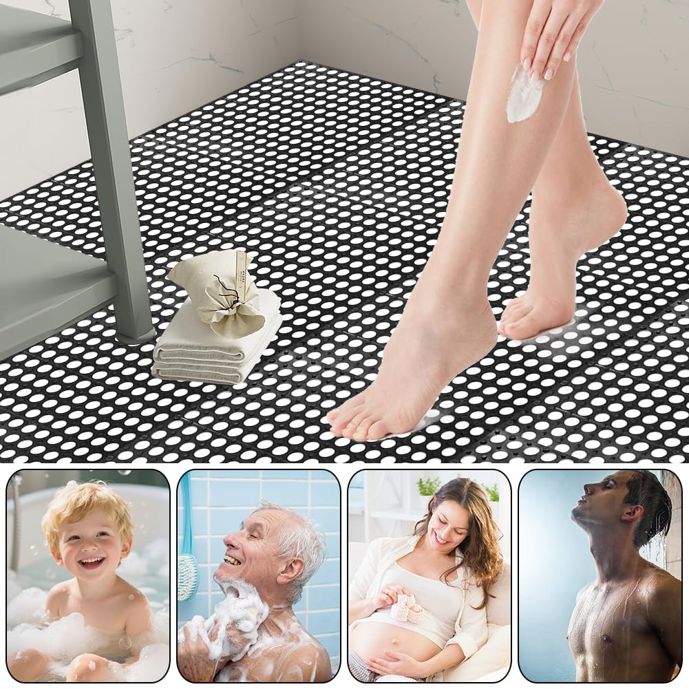 Interlocking Floor Tiles 12x12 Inch, 12 Pack Soft PVC Non-Slip Drainage Tiles with Holes for Bathroom, Pool Deck, Gym, Garage, Kitchen & Wet Areas, Easy Splicing Anti-Fatigue Mat (12)