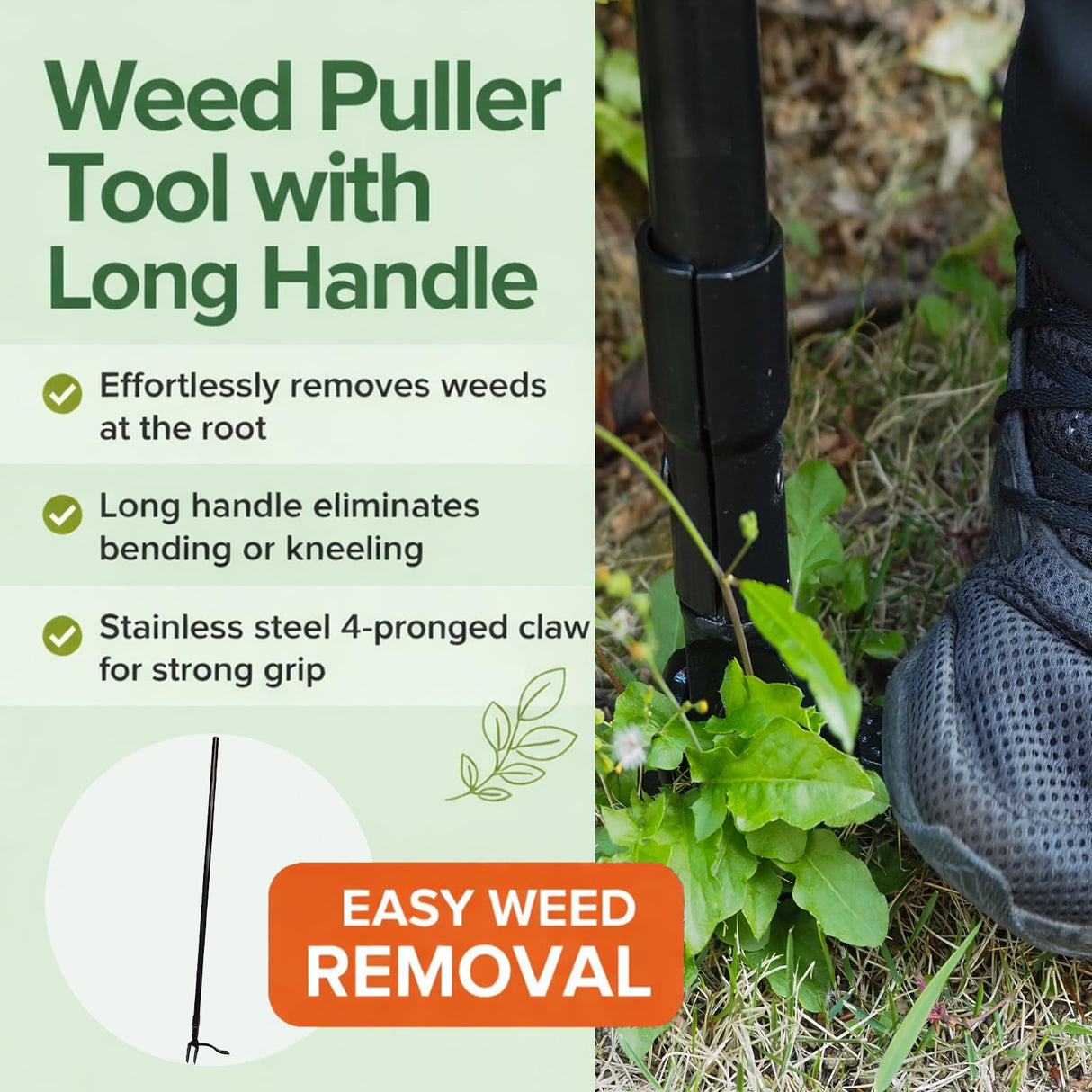 Vornilo All Black Stand Up Weed Puller 53 Inch Manual Weed Remover Tool Heavy Duty Metal Long Handle Root Removal Weeder with Reinforced Claw and Three Section Steel Shaft for Garden Lawn Yard Use