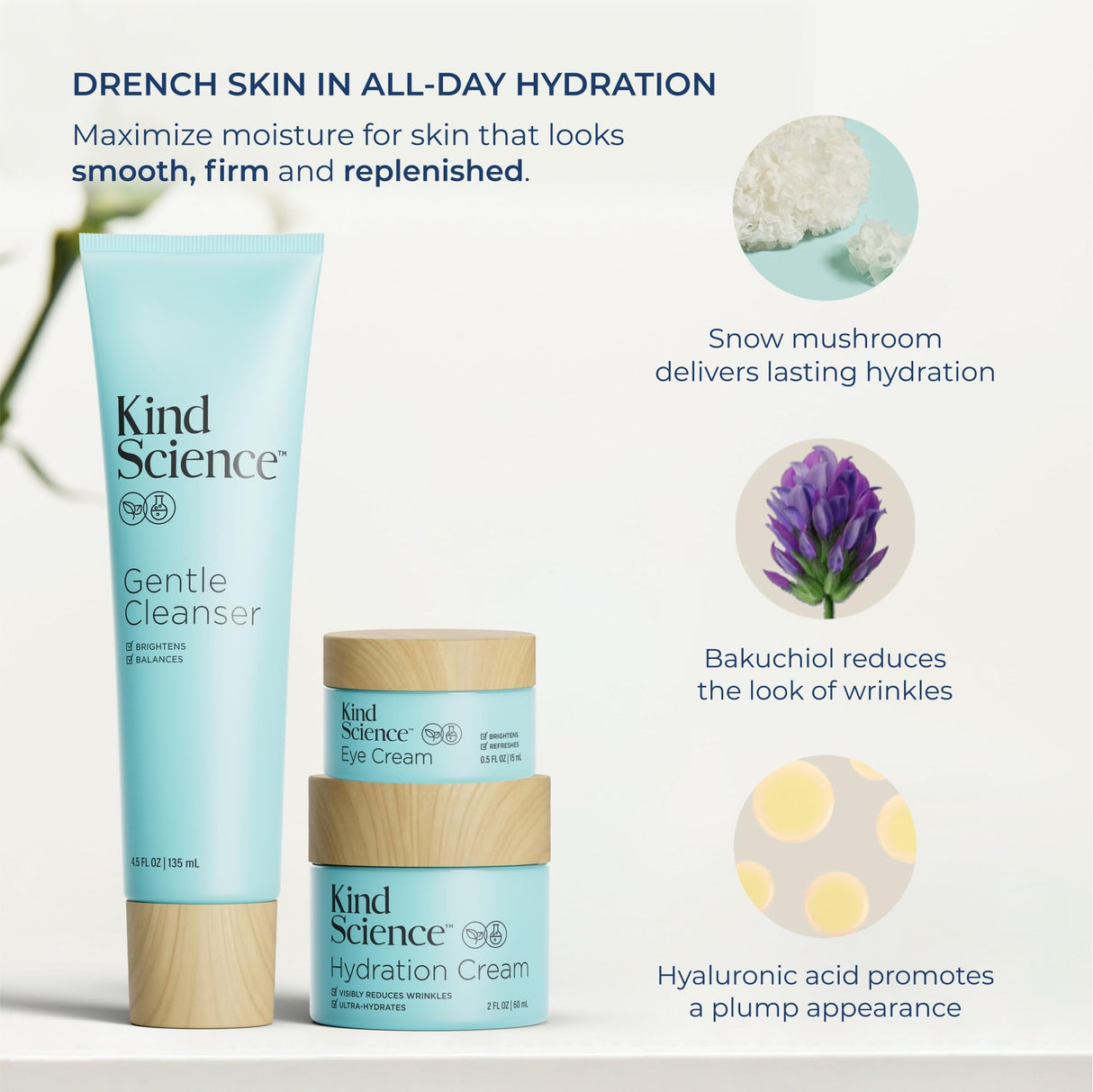 Kind Science 3-Piece Skin Care Set, Gentle Cleanser, Hydration Cream, Eye Cream - Essential Anti Aging Trio - Anti Aging Skin Care Set for Women - Paraben, Dye & Fragrance Free, Cruelty Free