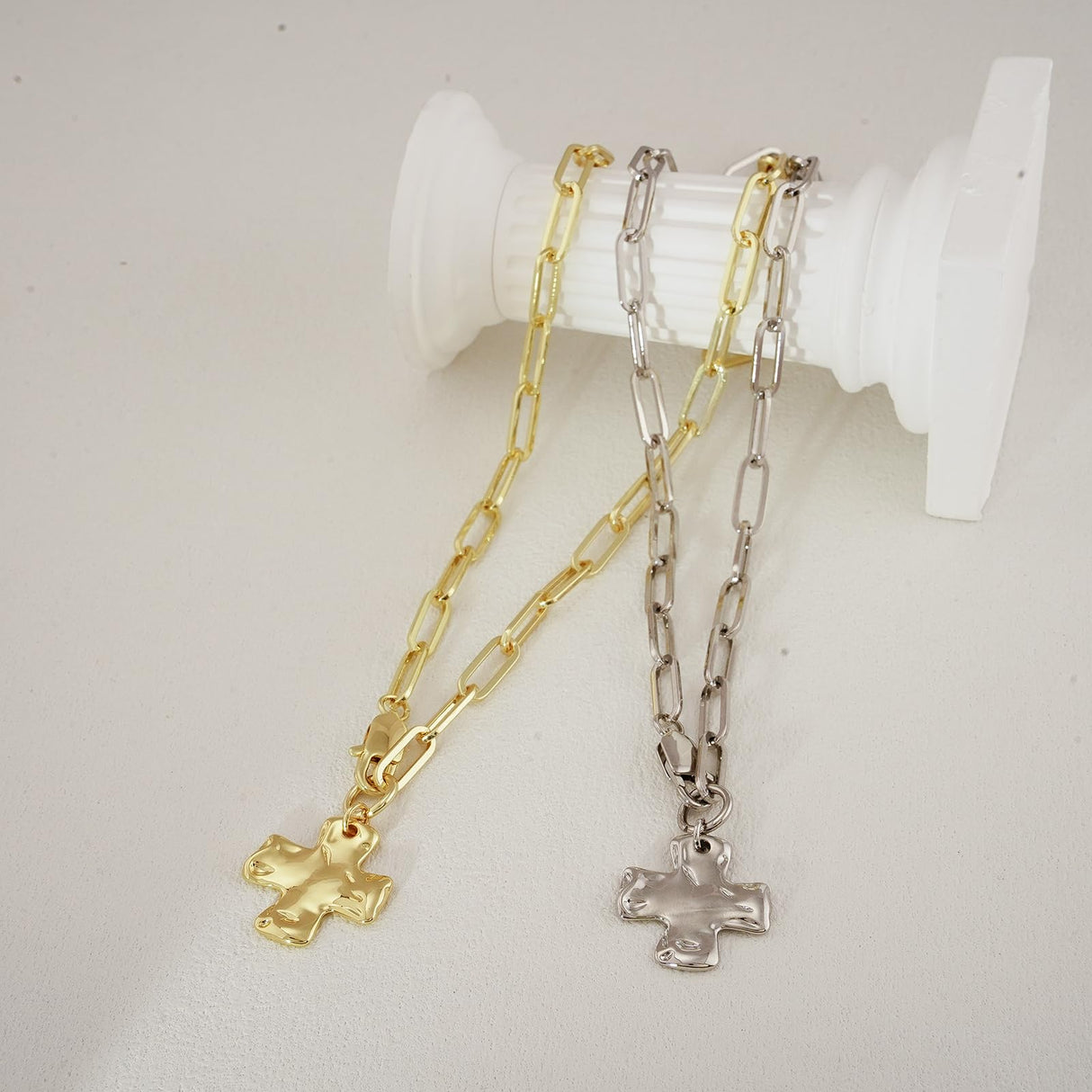 Bheop Chunky Cross Necklace for Women, Silver Layered Herringbone Necklace