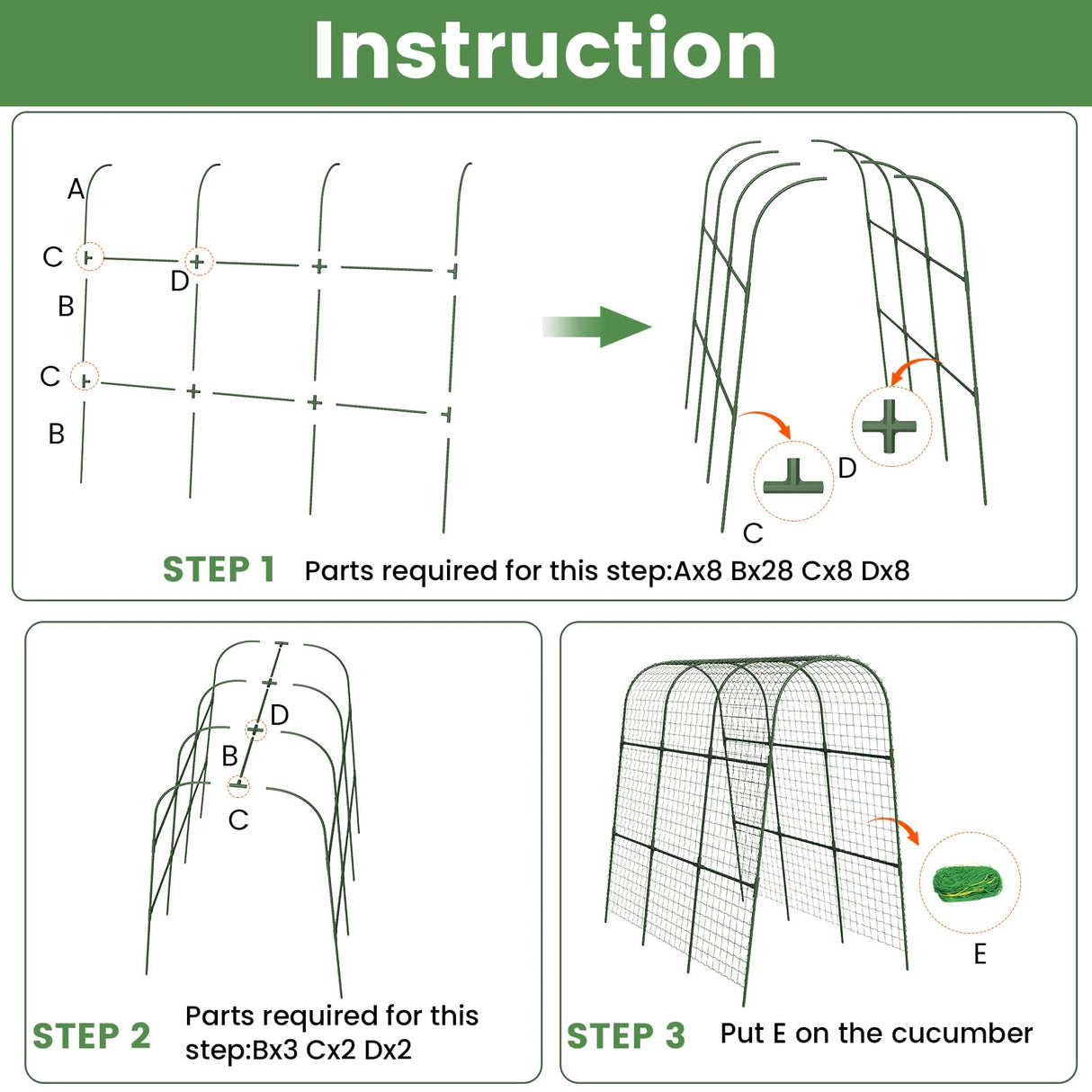 Cucumber Trellis, Metal Garden Arch Trellis for Raised Bed, 48 x 48inch U-Shape Garden Trellis for Climbing Plants Outdoor, Vegetables Fruit Plant Support with Netting, Gardening Supplies (Green)
