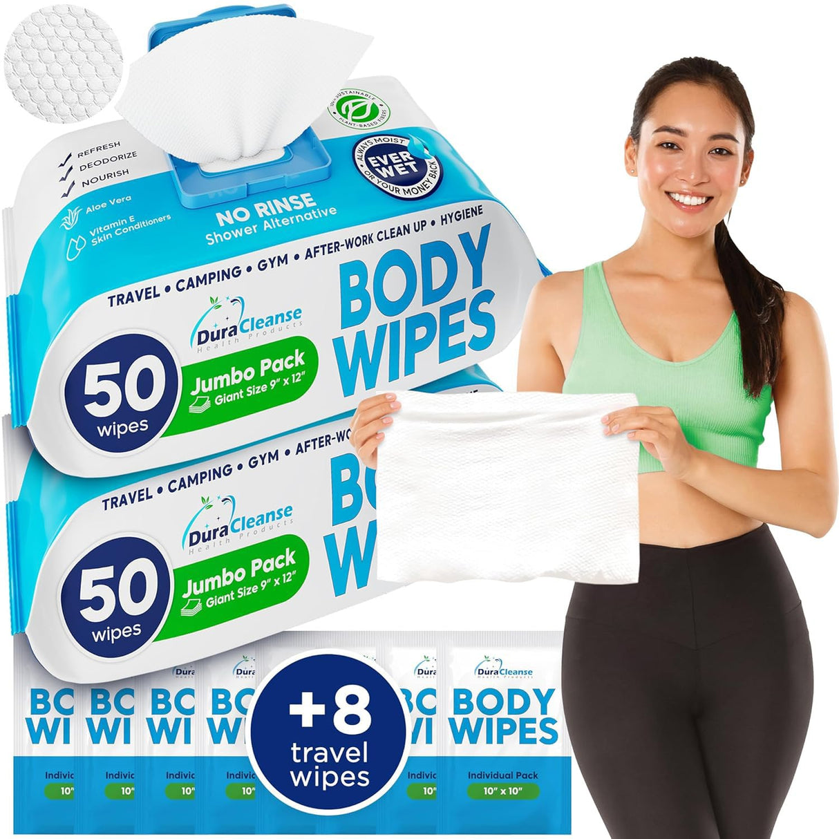 DuraCleanse Body Wipes for Adults Bathing No Rinse (2 Pack) 100 XL Shower Wipes + 8 Travel Bath Sheets - 9" x 12" Extra Thick Adult Disposable Washcloths for Elderly Incontinence & Camping Essentials