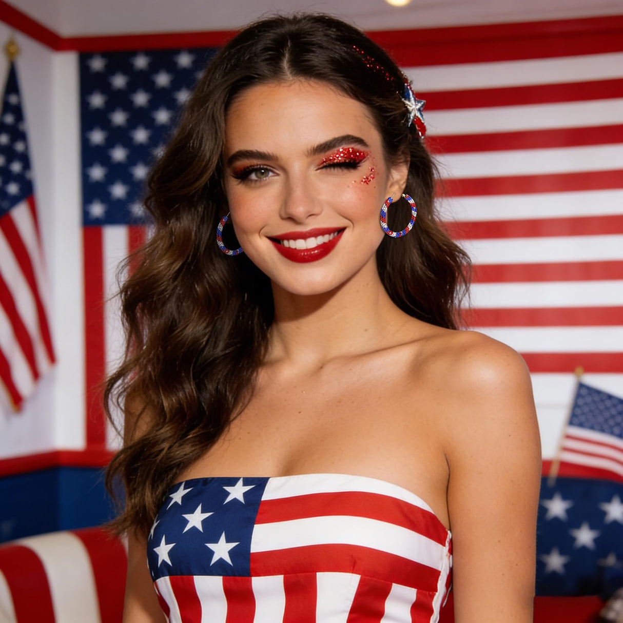 NLCAC USA Hoop Earrings Red White Blue Patriotic Resin Rhinestone Wrapped Hoop Dangle Earrings for Women(USA Round)