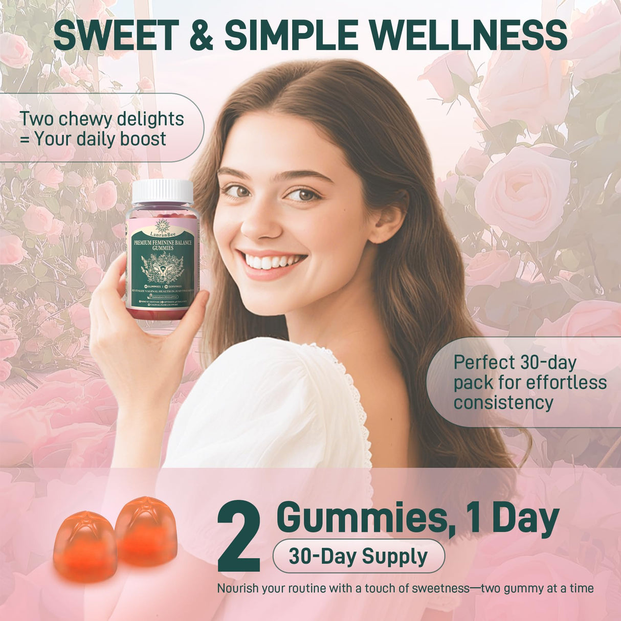 LanranBee Premium Feminine Balance Gummies - for Women’s Health & Wellness - Immune Support - Vegan, Gluten-Free & Halal - Hawaiian Pineapple - 60 Gummies - 30 Servings (2)