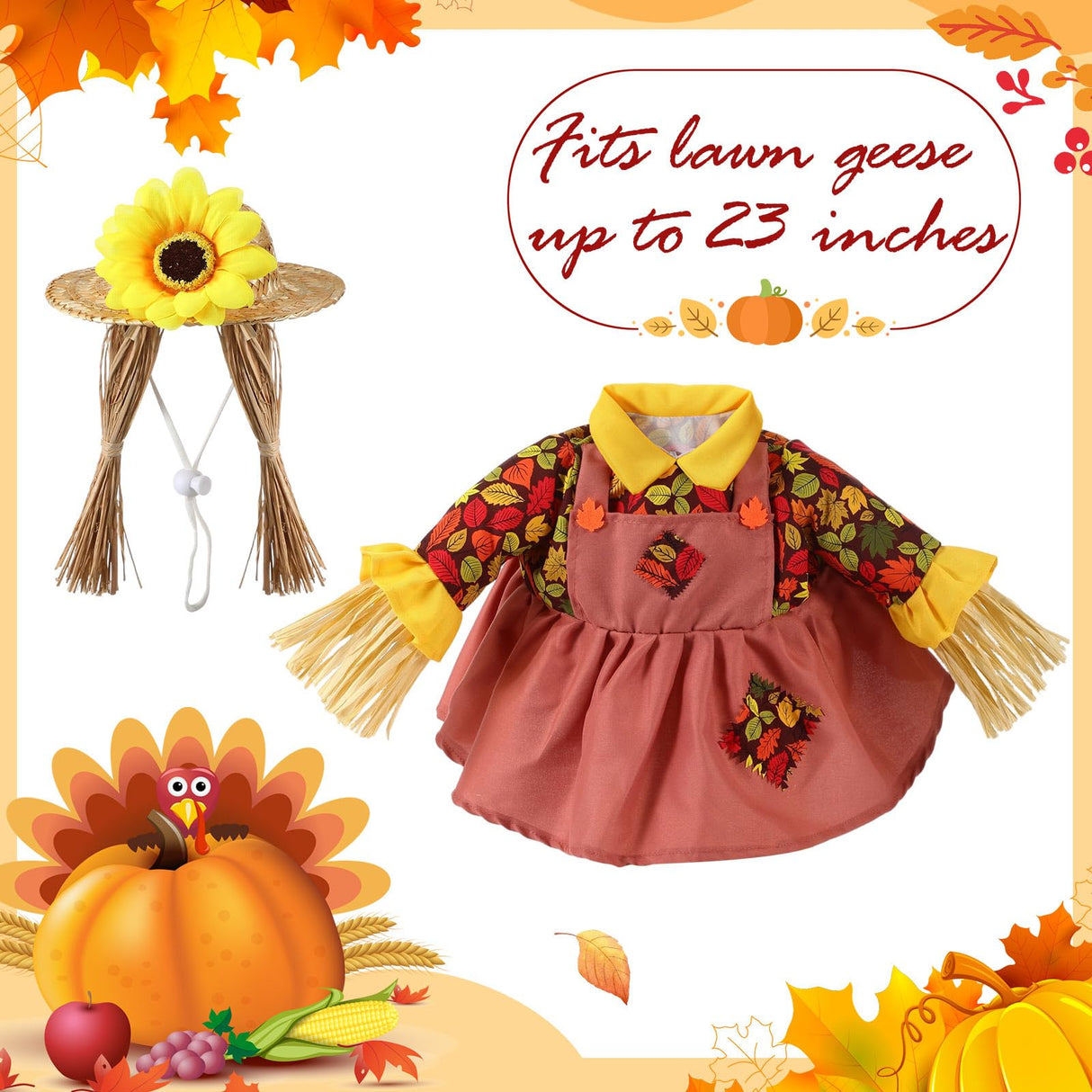 FuWeave Fall Porch Goose Outfit Maple Goose Costume Fancy Porch Geese Clothes with Wide Hat for 23" 17" Outdoor Patio(Scarecrow Style,23 Inch)