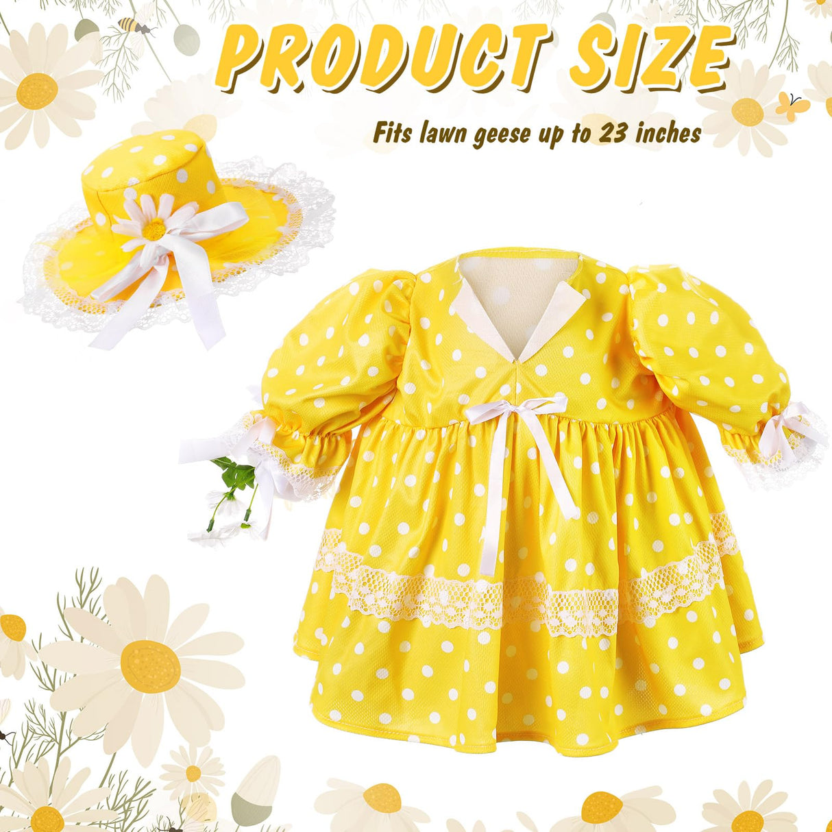 Aliceset Porch Goose Outfit Fancy Goose Clothes Polka Dots Skirt with Hat for 23" Outdoor Patio Summer Spring Decor(Yellow)