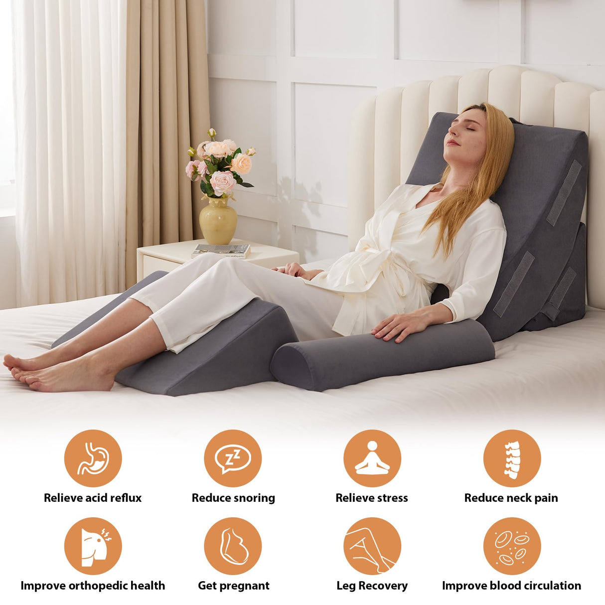 4PCS Wedge Pillow Set for After Surgery, Orthopedic Bed Wedge Pillow for Back Pain Relief, Sitting up in Bed,Recovery, Acid Reflux, Snoring, Body Pillow for Sleeping,Leg,Shoulder Support, Velvet Grey