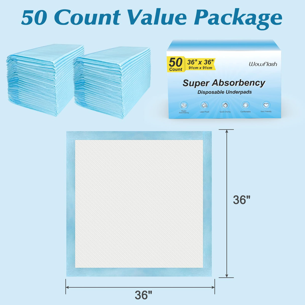 50 Count 36" x 36" Super Absorbency Disposable Underpads - Leakproof Quick Drying Pads for Baby, Puppy & Adults, Bed Pads, Incontinence & Dog Pee