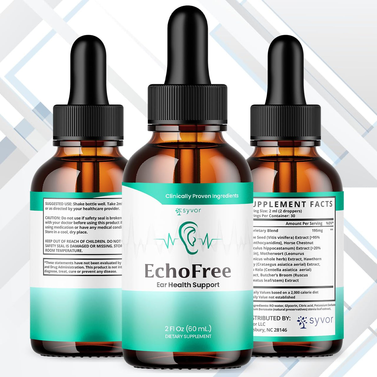 (3 Pack) Echo Free Drops, Official Echofree Ear Health Support Liquid Supplement with All Natural Proven Ingedinets, Echo Free Max Strength Plant Based Hearing Support for Ringing Ears (90 Servings)