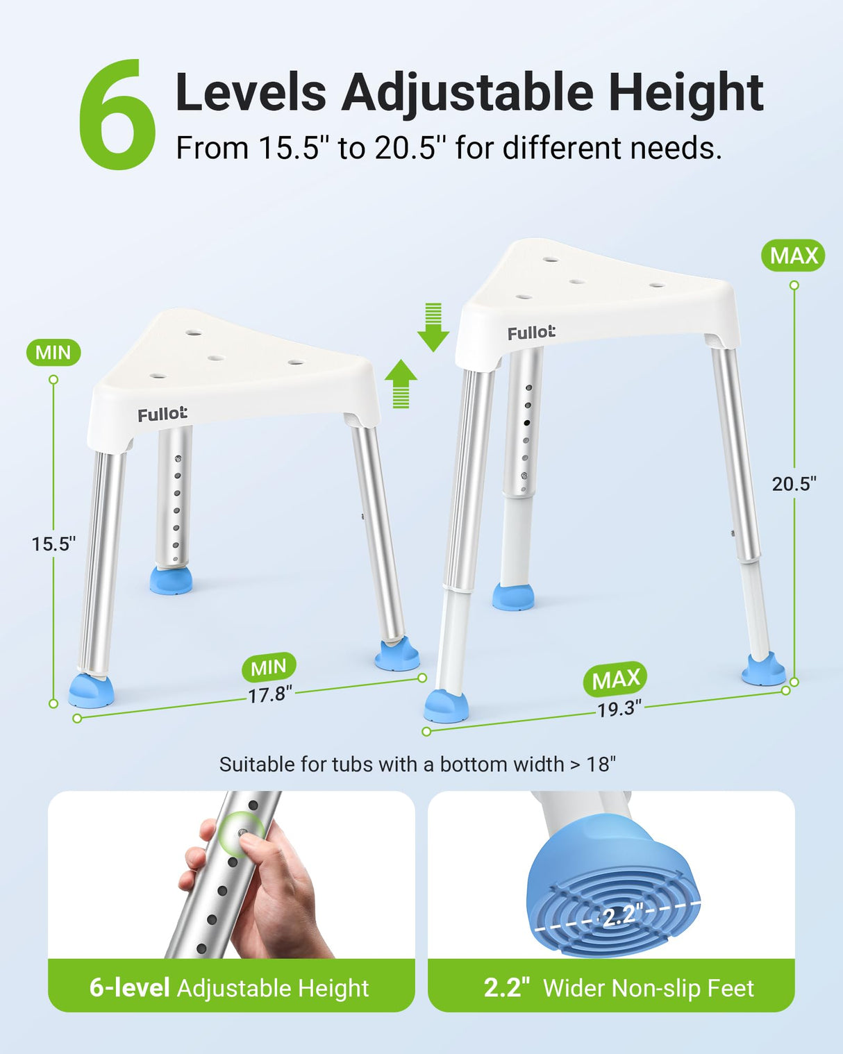 FULLOT Space-Saving Triangular Shower Chair for Elderly and Disabled, 400 lbs Adjustable Shower Stool Seat with Stable-Bracing, Non-Slip Bathtub Chair, Tool-Free Assembly, FSA/HSA Eligible