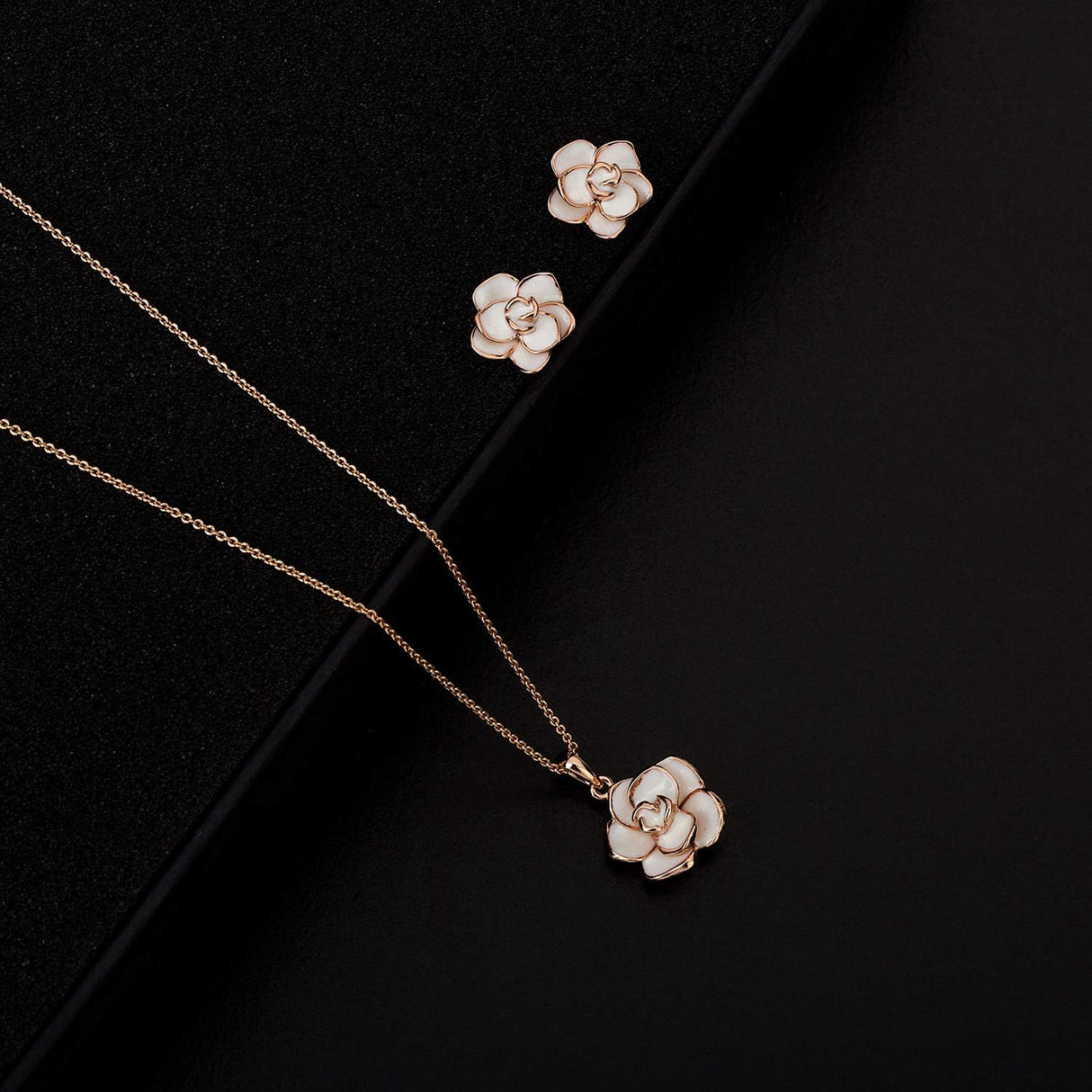 EVEVIC Rose Flower Necklace and Stud Earrings Set for Women,18K Gold Plated