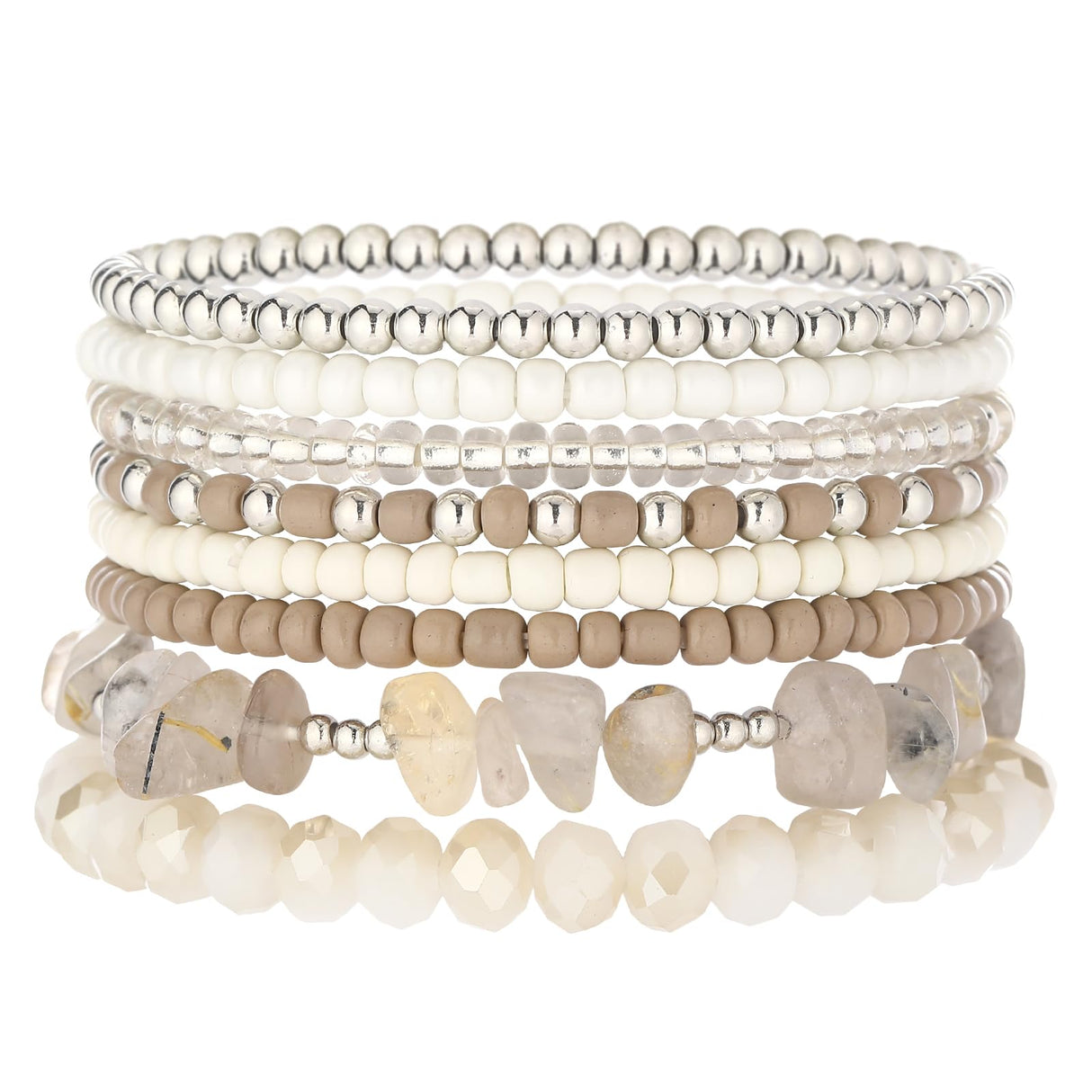 Noessla Boho Beaded Bracelets for Women Stackable Irregular Natural Stone Bead Stretch Bracelet Set 8PCS Costume Jewelry Gifts for Her(Beige)