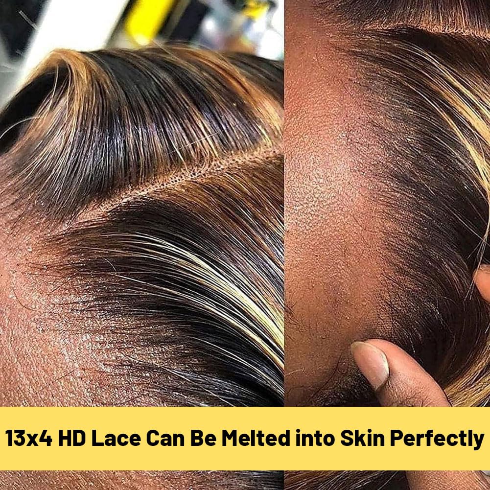 ADESORAES Highlight Ombre Lace Front Wig Human Hair 180% Density 4/27 Honey Blonde Water Wave Lace Frontal Wigs 26 inch Wet and Wavy Curly Glueless Wigs Human Hair Pre Plucked with Baby Hair