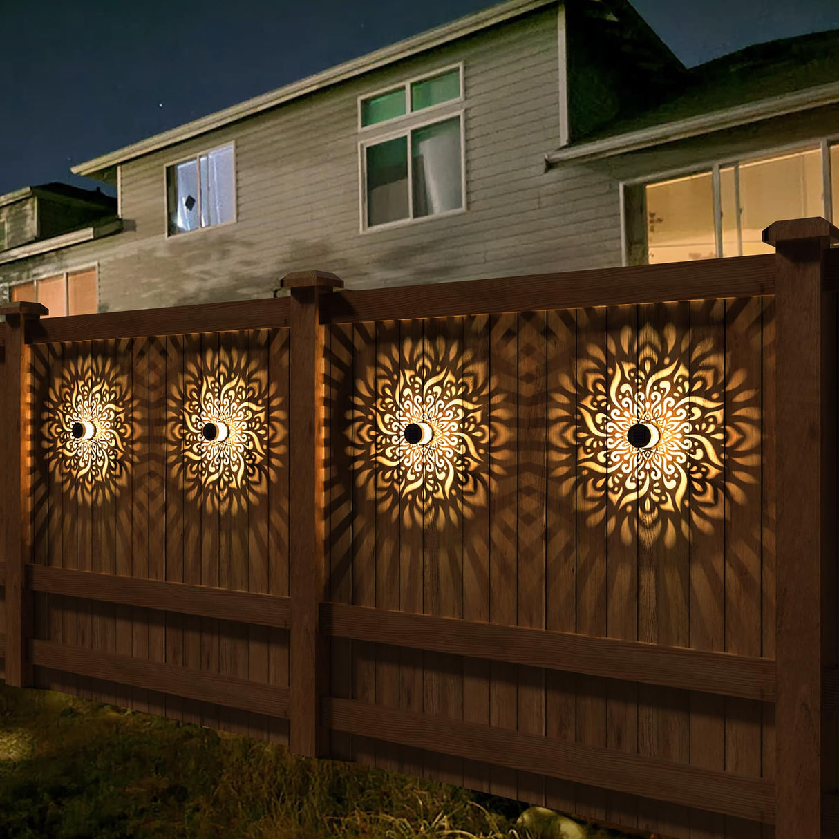 gardencave 4 Pack Solar Fence Lights Metal Solar Powered Outdoor Wall Deck Step Lights Mandala Theme Waterproof Fence Light for Garden Post Patio Backyard Decor (4 Pack)