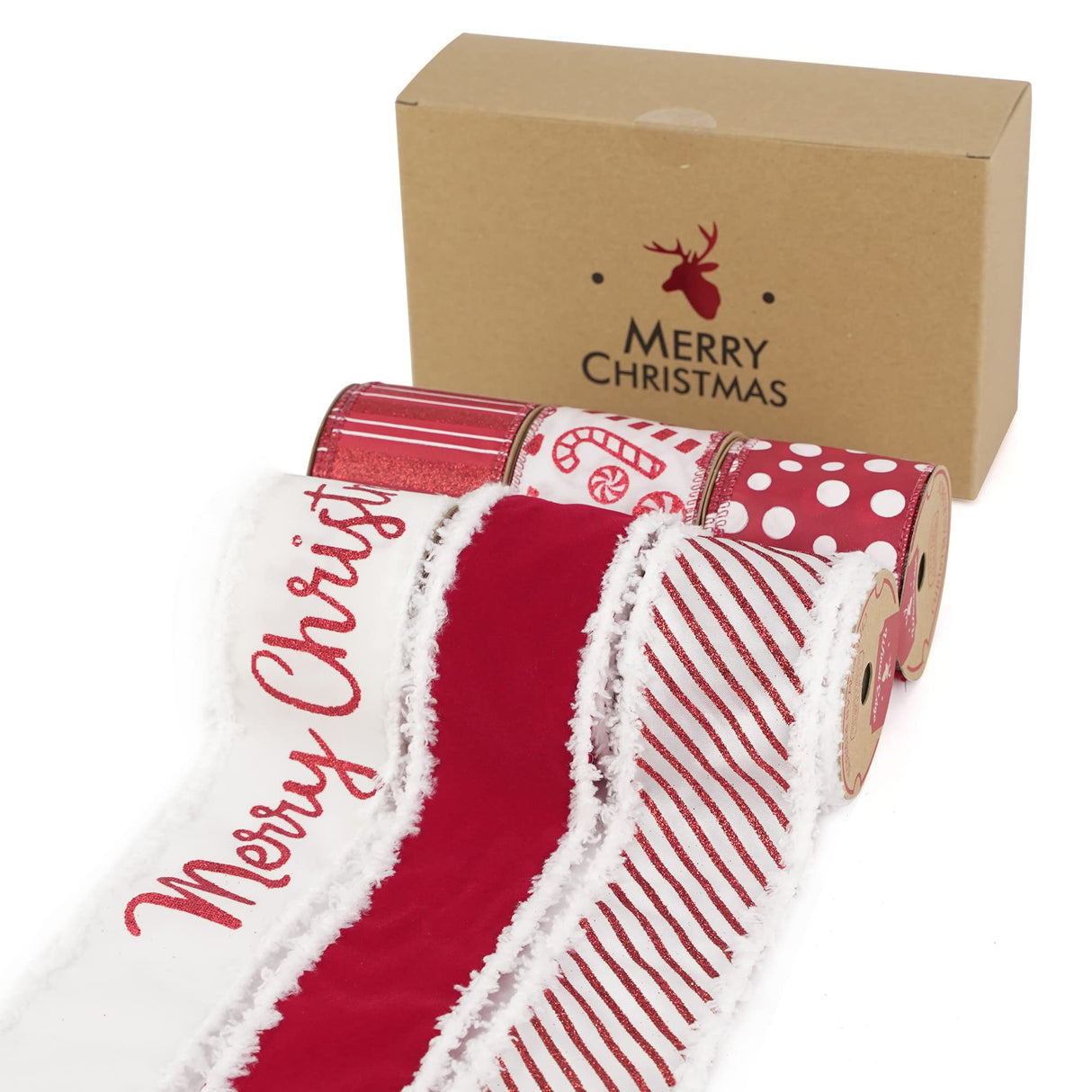 HUIHUANG Christmas Wired Red Christmas Tree Ribbon - 6 Rolls Red and White Candy Cane Ribbon for Tree, Gift Wrapping, Wreath, Garland, Home Decor (2.5" Width, 36 Yards Total)