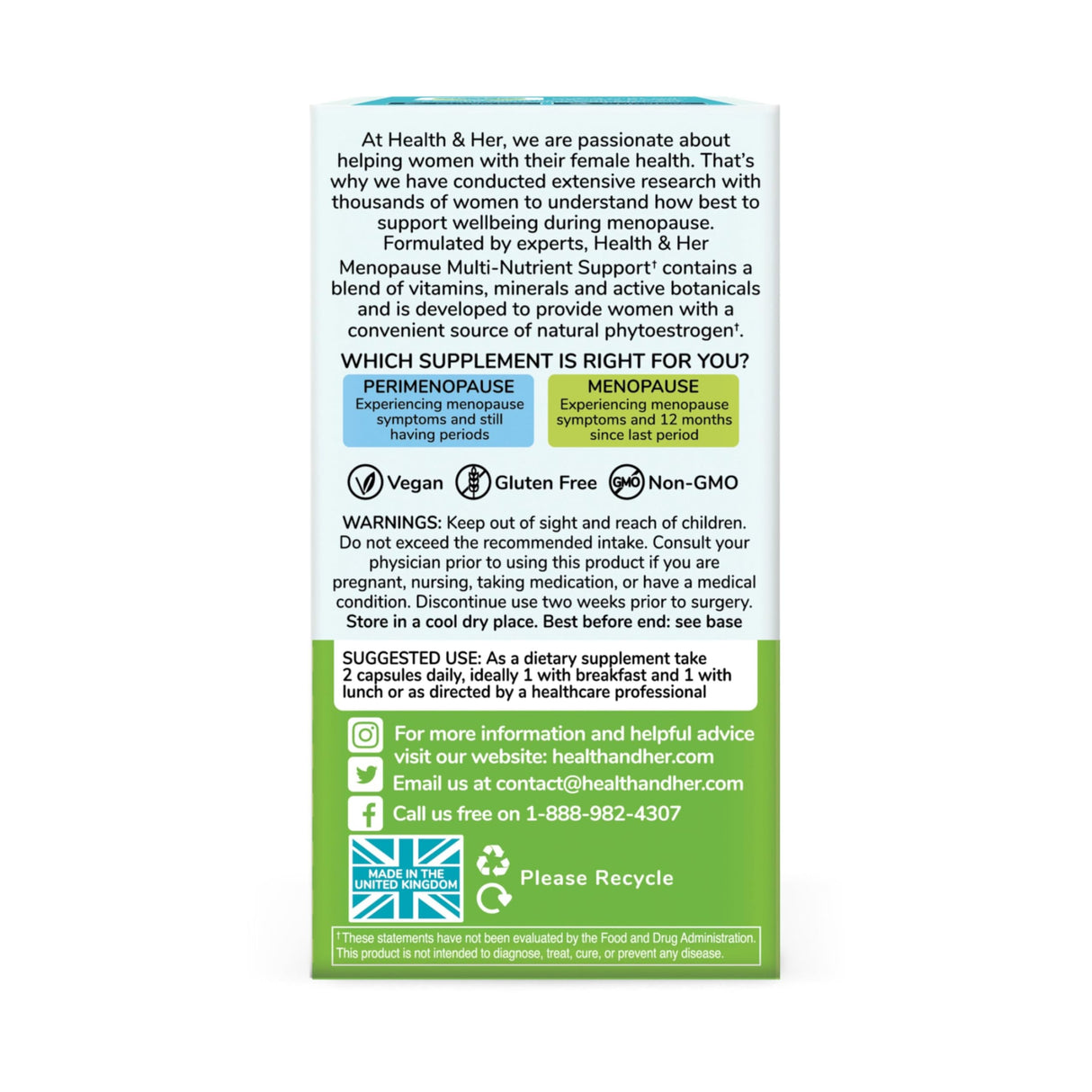 Health & Her Menopause Supplements for Women - Multi-Nutrient Support, Menopause Vitamins for Energy, Bones, Muscles, Skin & Hair, Vegan, Gluten-Free, Non GMO (60ct - 1 Month)