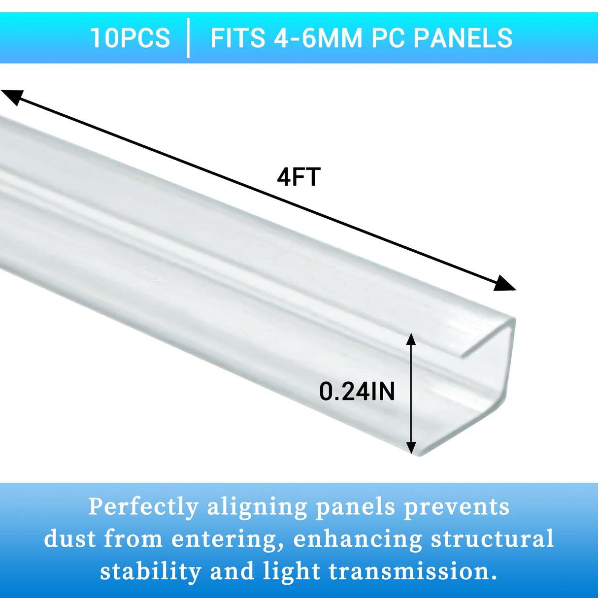 XISOCO 10 PCS Polycarbonate Greenhouse U Connector Profile 4ft Length Fits 0.16’’ & 0.24’’ Twin-Wall Polycarbonate Panels Duty Dust Rain & Moisture Protection Durabler (U-Clip 4' × 0.71’’ × 0.24’’)