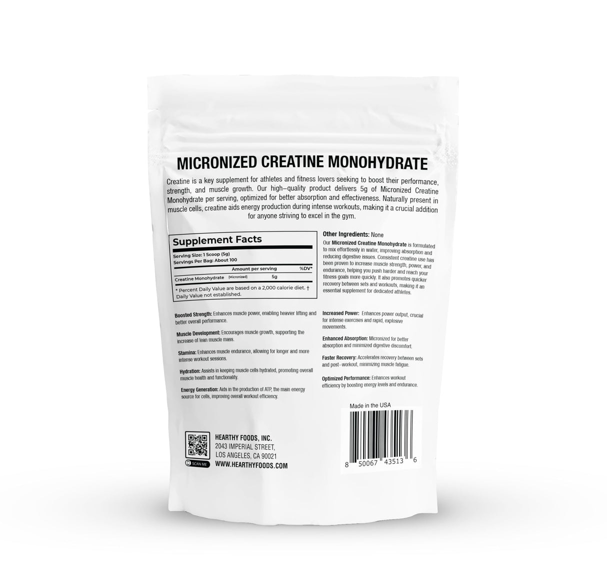 HEARTHY FOODS Creatine Monohydrate Micronized Powder 500G - 100 Servings, 5000mg Per Serving (5g) - for Men & Women Muscle Growth & Recovery - UNFLAVORED
