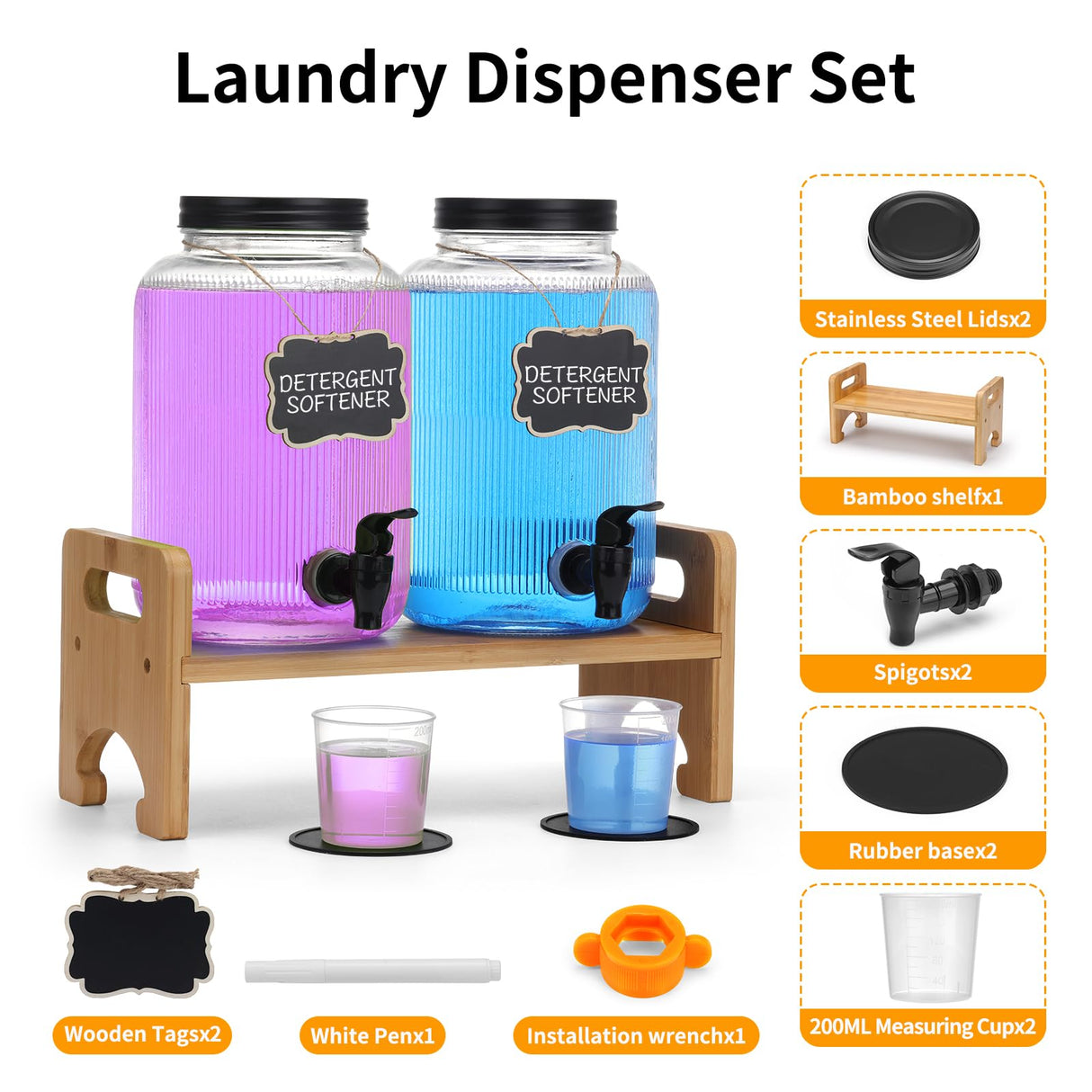 2-Pack Laundry Detergent Dispenser with Bamboo Stand,1 Gallon Laundry Soap Dispenser with Measuring Cup,Glass Laundry Detergent Containr for Laundry Room Organization and Storage