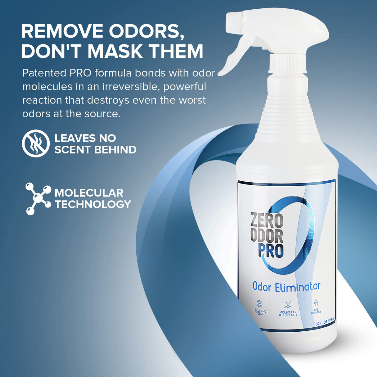 Zero Odor Pro Commercial Strength Odor Eliminator, Room Deodorizer and Air Freshener, Trigger Spray, 32 oz, White/Blue