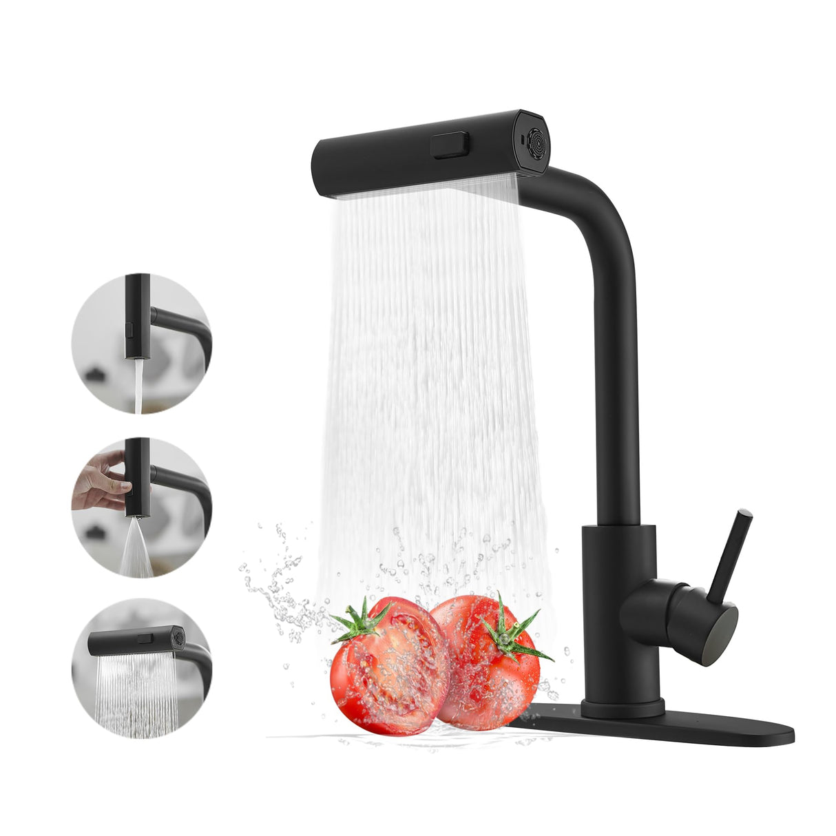 Kitchen Faucet with Pull Down Sprayer, Matte Black Waterfall Kitchen Sink Faucet, Commercial Single Handle Stainless Steel Faucet with 3 Spray Modes for Farmhouse, RV, Laundry & Utility Sink