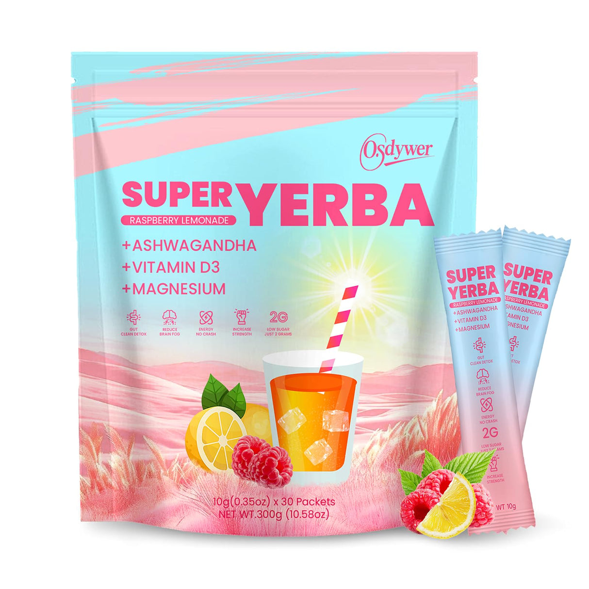 Super Yerba, Yerba Mate Instant Tea Powder –Raspberry Lemonade Flavor, Natural Energy & Focus Boost-30 Servings (1)