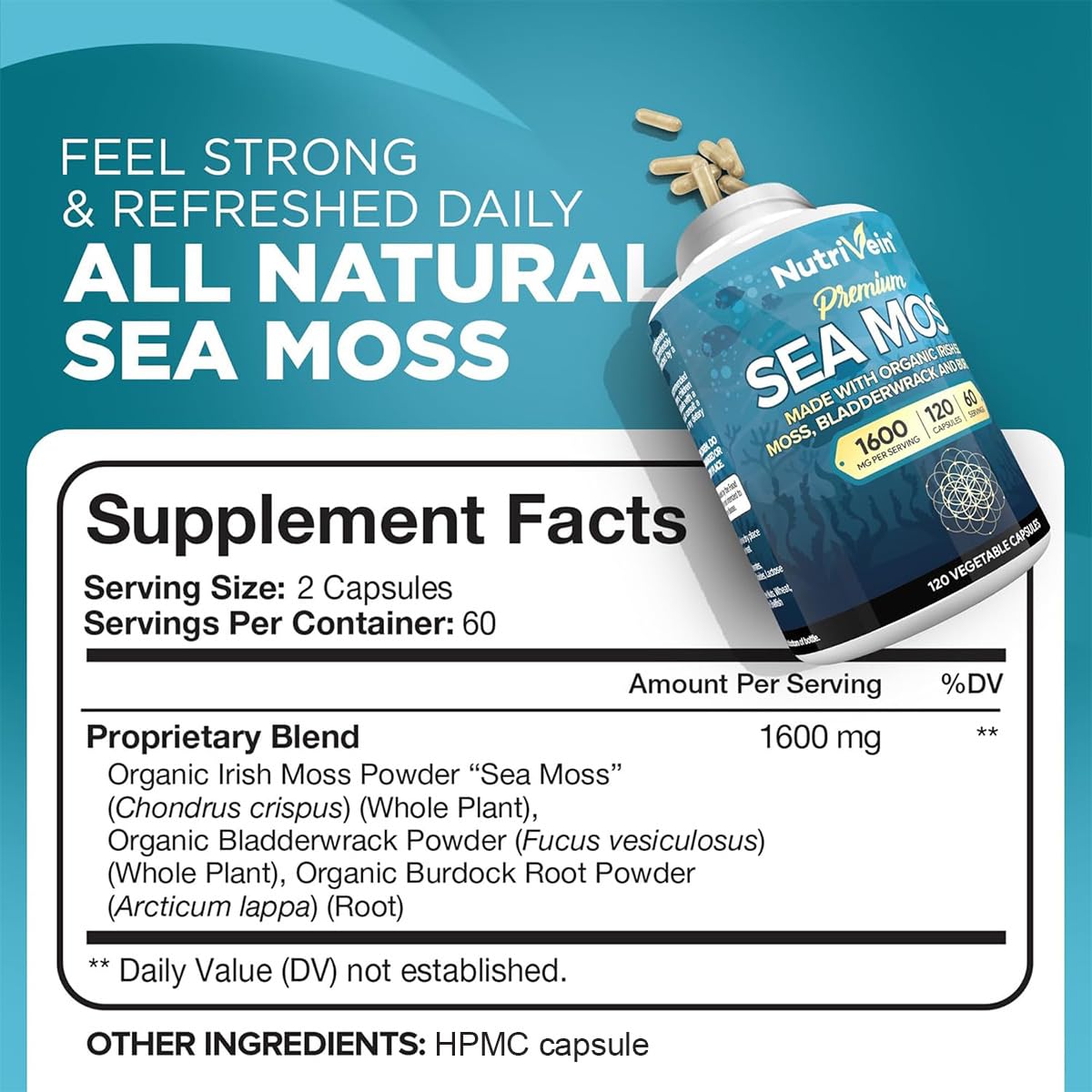 Nutrivein Organic Sea Moss 1600mg Plus Bladderwrack & Burdock - 120 Capsules - Prebiotic Super Food Boosts The Immune System & Digestive Health - Thyroid, Healthy Skin, Keto Detox, Gut, Joint Support