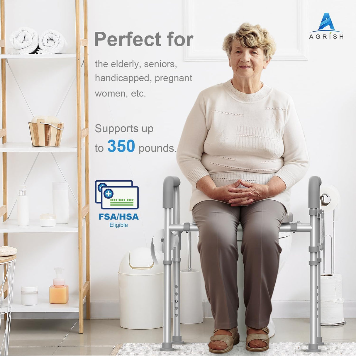 Agrish Raised Toilet Seat with Handles - FSA/HSA Eligible Cozy Padded Elevated Medical Toilet Seat Risers for Seniors, 350lb Adjustable Handicap Toilet Riser - Gray