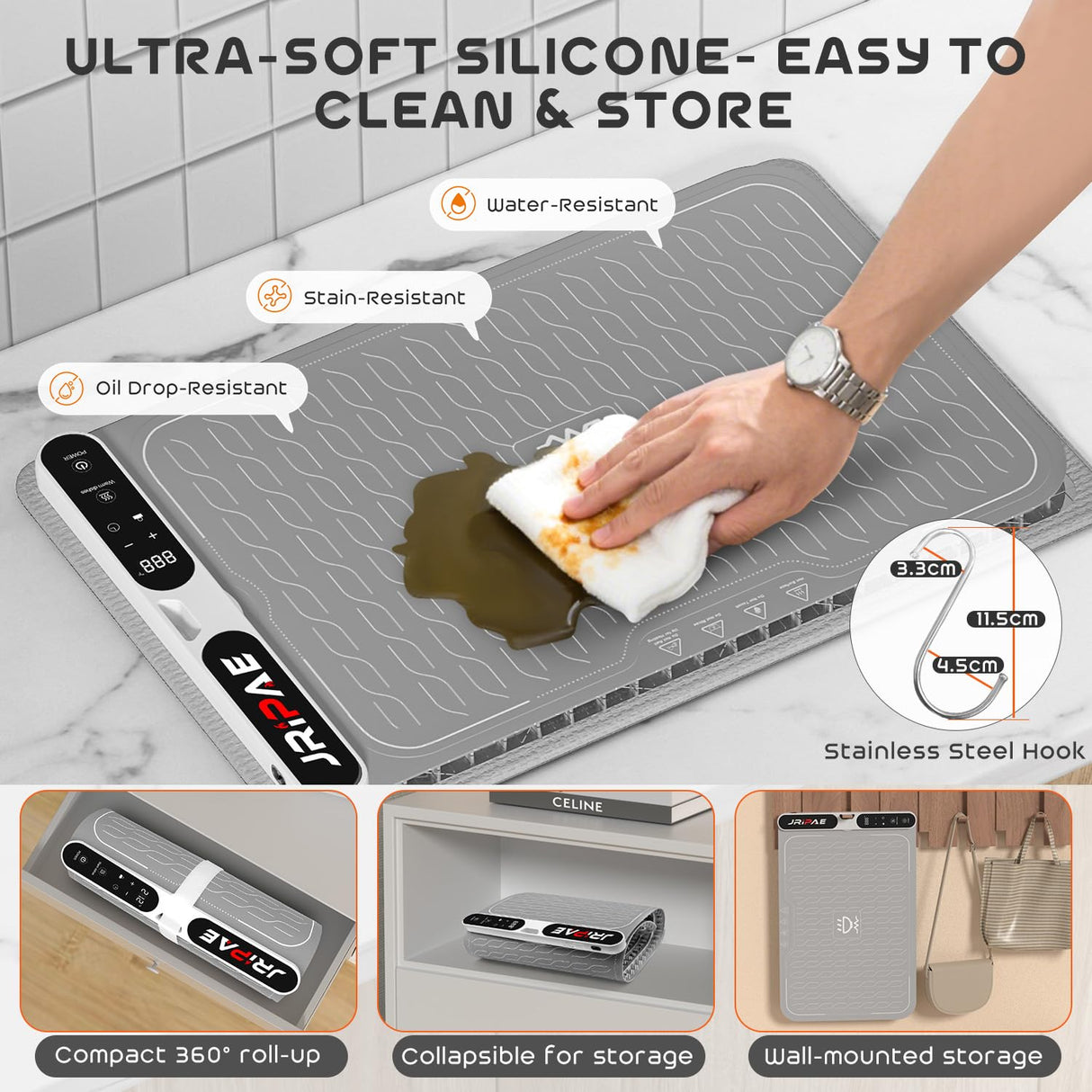 Jripae Warming Mat for Food, Fast Heating Silicone Electric Warming Tray with Heat Resistant Pad Protects Table,7 Level Temp, 8H Timer, Portable & Rollable Food Warmers for Parties Buffet, Daily Use