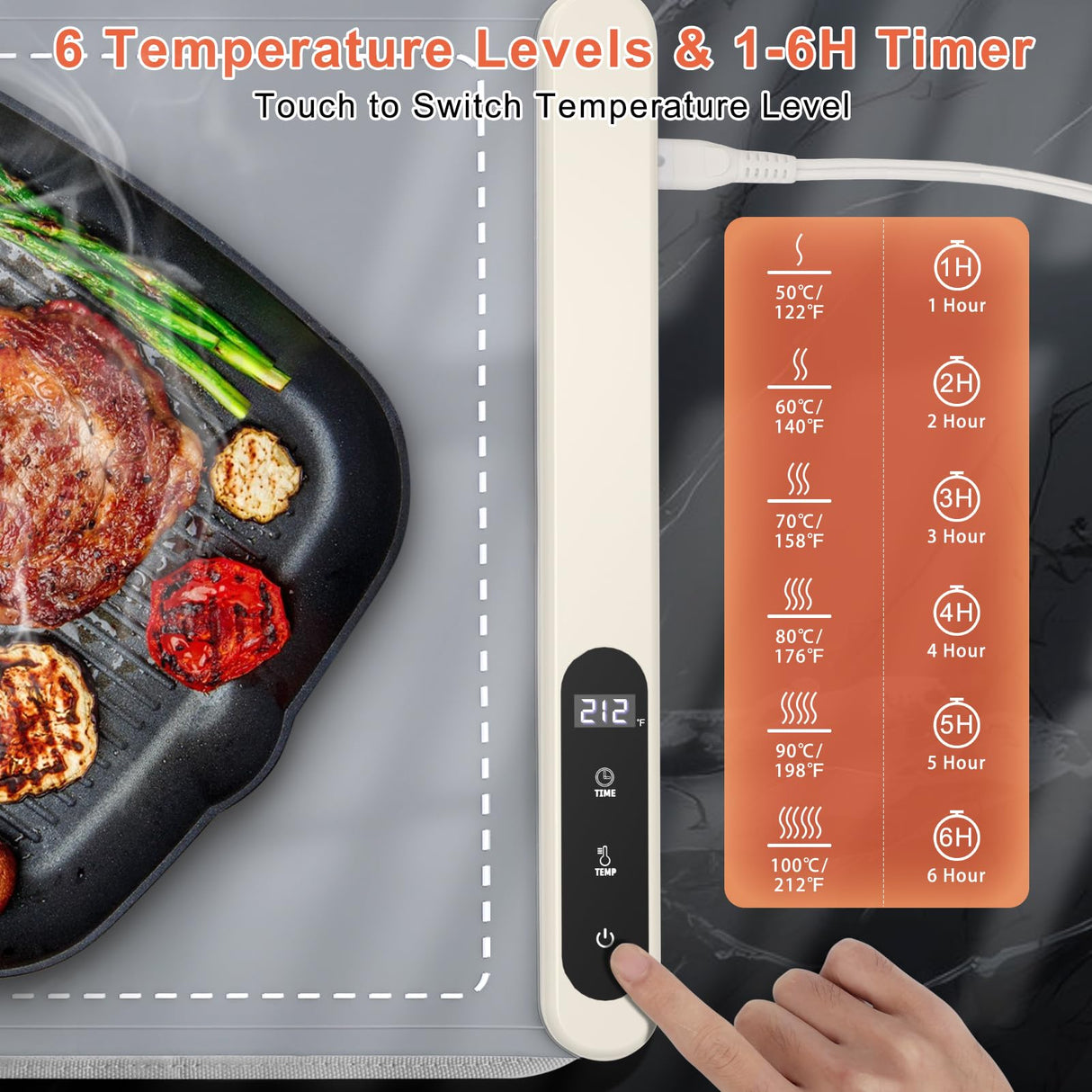 FYY Warming Mat for Food with Heat Resistant Pad, Prevent Countertop Cracks, Keep Meal Warm, Rapid and Full Surface Heating, 6 Temp Settings, 6H Timer, Upgraded Rollable Portable Food Warmer Mat Grey