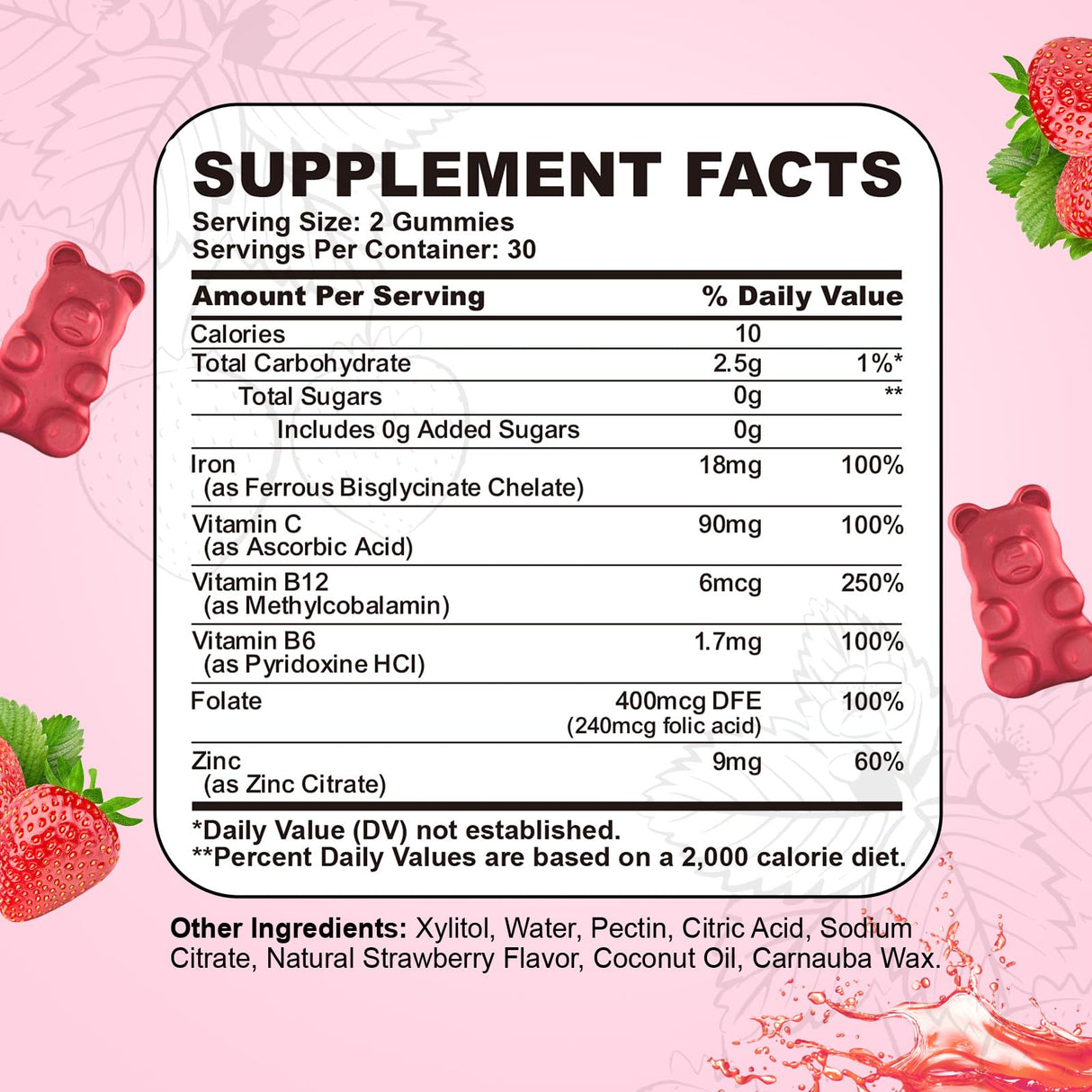 Iron Supplement for Women & Men Gummies, Multivitamin Blood Builder Iron Supplement with Folate Vitamin C B12 B6 Zinc for Adults & Kids - Energy Support - Strawberry Flavor, Vegan 60 Gummies