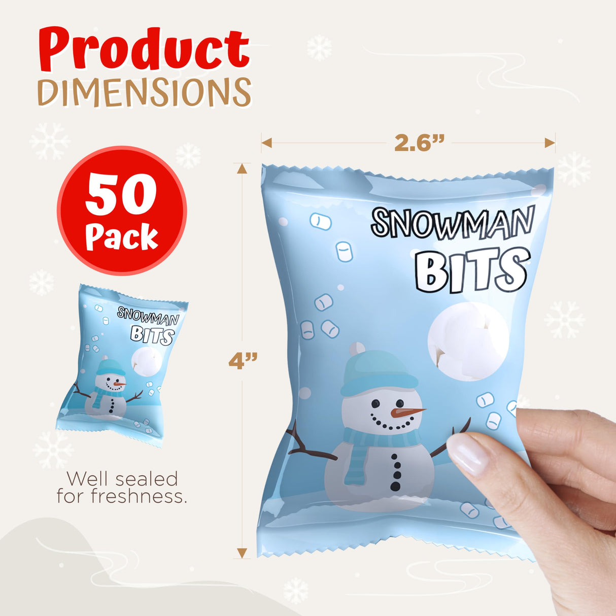 4E's Novelty 50 Packs "Snowman Bits" Mini Marshmallow Packets, Vanilla Flavored, 14 Marshmallows in Each Bag, Bulk Individually Wrapped Christmas Marshmallows For Hot Chocolate Bar Supplies Party Treats
