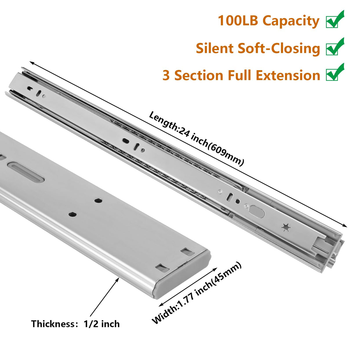 LONTAN 10 Pairs Soft Close Drawer Slides 24 Inch Side Mount Heavy Duty Cabinet Drawer Glides - Ball Bearing Full Extension Kitchen Cabinet Rails 100 LB Capacity