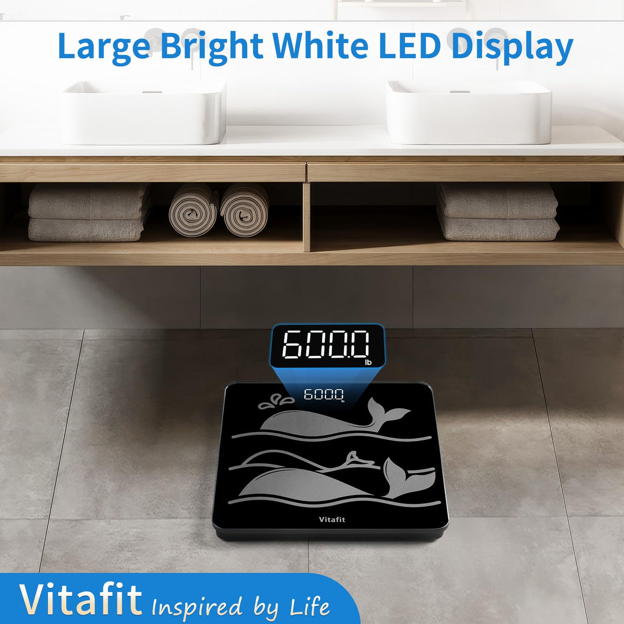 Vitafit Amazing 600lb Smart Bathroom Scale for Body Weight in 0.1lb, High Accuracy Assured by Scale Professional Factory Since 2001, Large Platform with 8mm Non-Slip Tempered Glass, LED, 3*AAA, Black