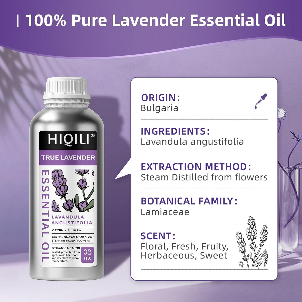 HIQILI 32 Fl Oz Lavender Essential Oil Pure, for Aromatherapy Diffuser, Hair, Includes Premium Quality Glass Dropper-32 Ounces