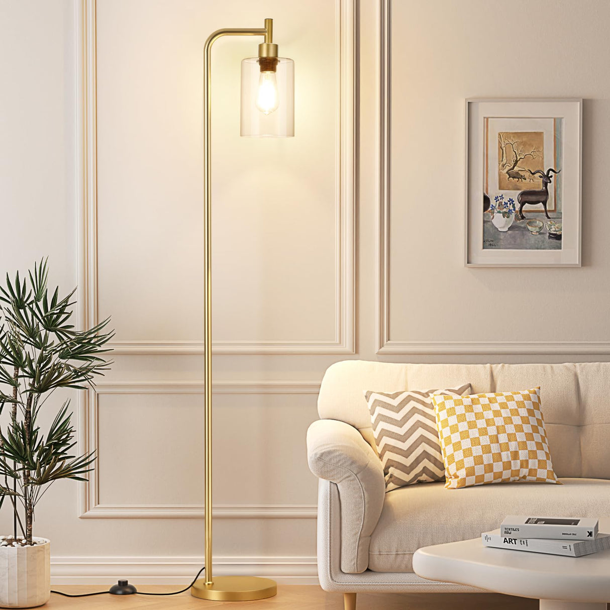 Ziisee Floor Lamps for Living Room - Industrial Standing Lamp with Glass Shade, Modern Gold Floor Lamp with LED Bulbs, Farmhouse Floor Lamp for Bedroom, Tall Lamp for Office - Gold