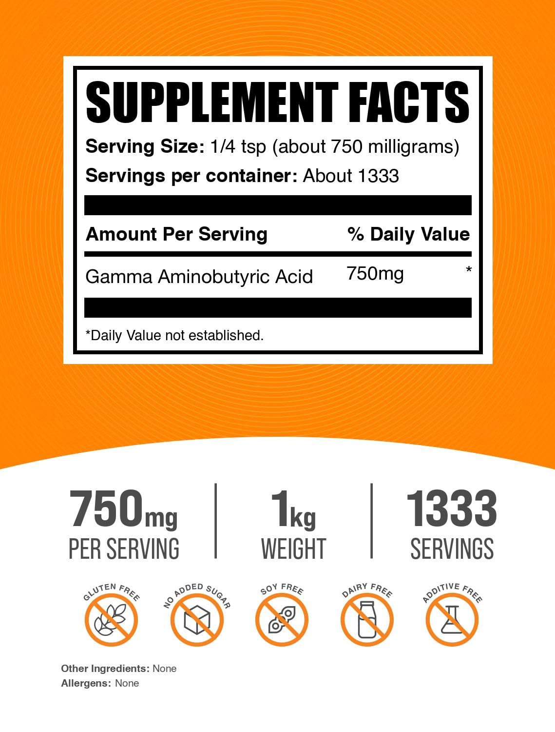 BulkSupplements.com GABA Powder - Gamma Aminobutyric Acid, GABA Supplement, Amino Acid Supplement - Gluten Free, 750mg per Serving, 1kg (2.2 lbs) (Pack of 1)