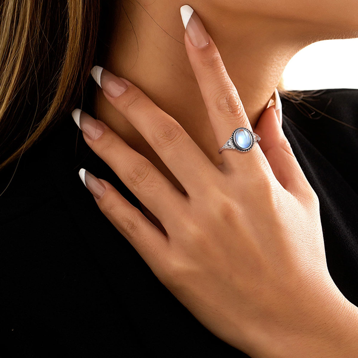 Florideco 925 Sterling Silver Moonstone Ring for Women 18K White Gold Plated Rainbow Moon Stone Rings Victorian Style Gemstone Solitaire Oval Moonstone Ring ML9